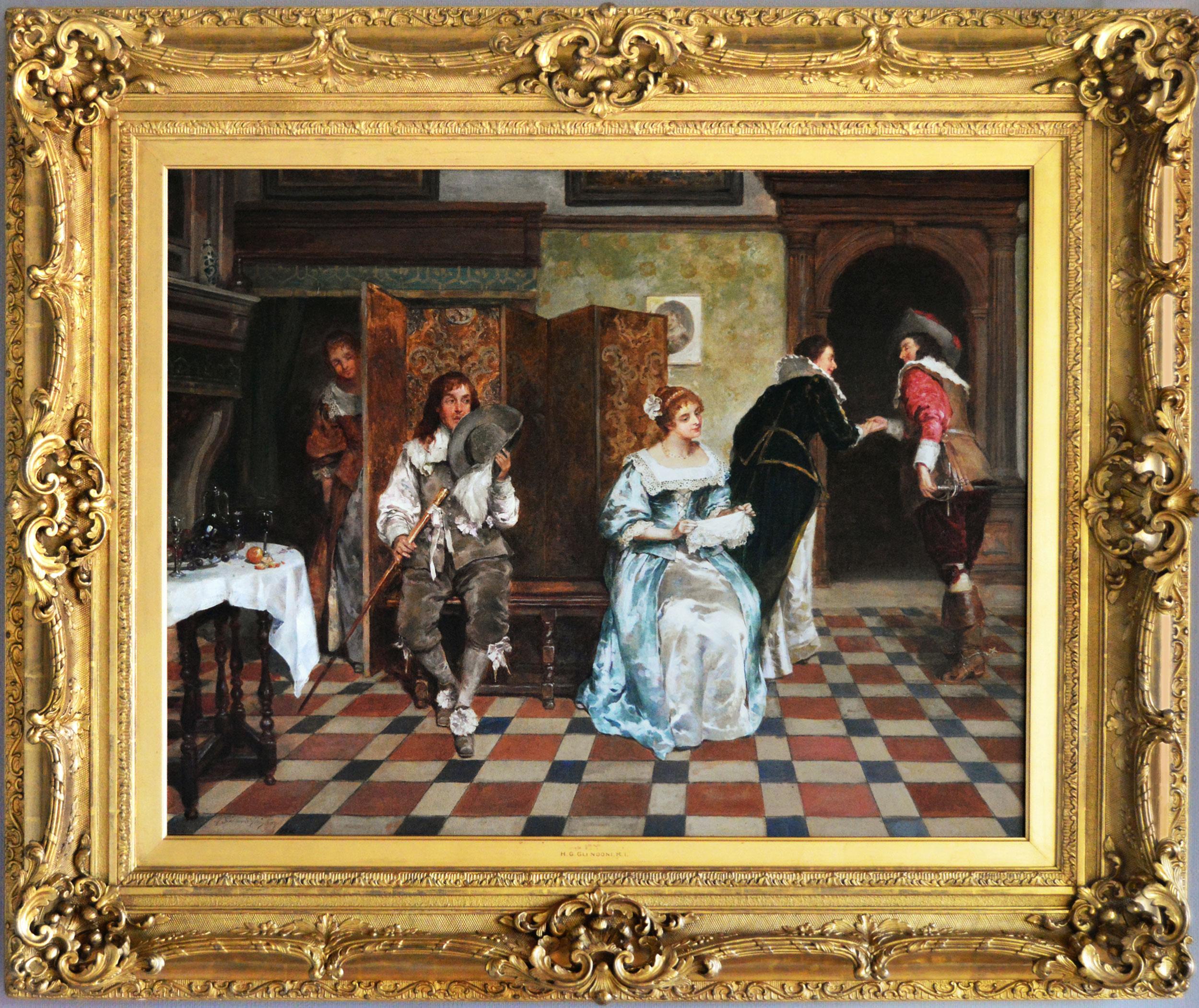 Peinture à l'huile de genre historique du XIXe siècle représentant une séduction