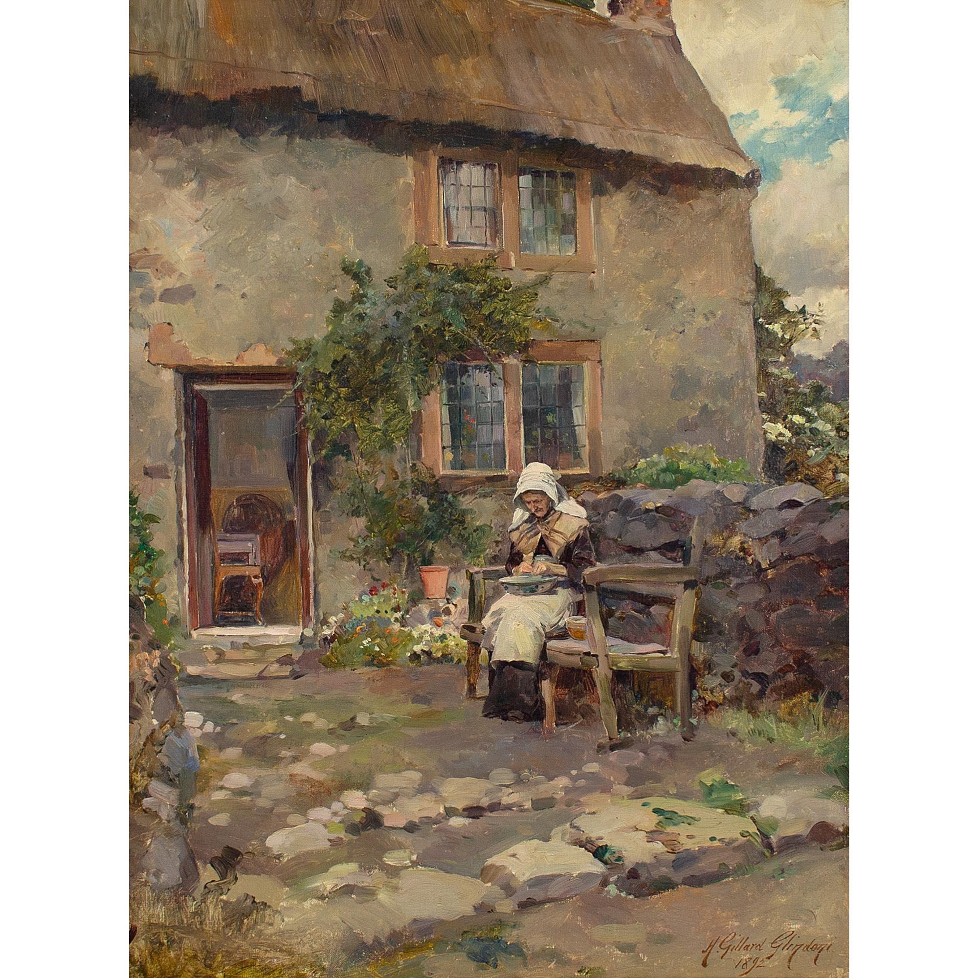 Henry Gillard Glindoni RBA ARWS, The Cottage Garden, Antique Oil Painting  1