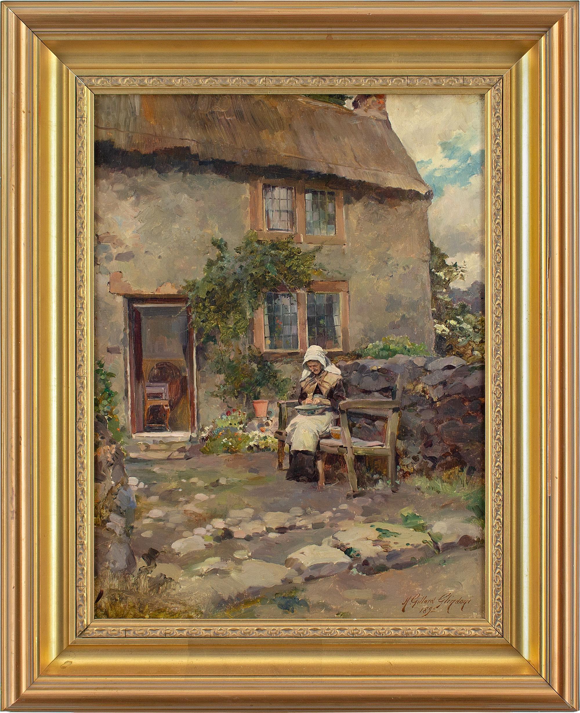 This late 19th-century oil painting by British artist Henry Gillard Glindoni (1852-1913) depicts an older woman by a rustic stone cottage.

Perched upon a creaky wooden bench, she prepares a daily meal. Sat outside in the elements under a typically