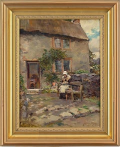 Henry Gillard Glindoni RBA ARWS, The Cottage Garden, Antique Oil Painting 