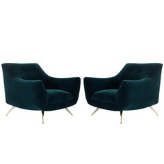Henry Glass Lounge Chairs in Dark Teal Mohair