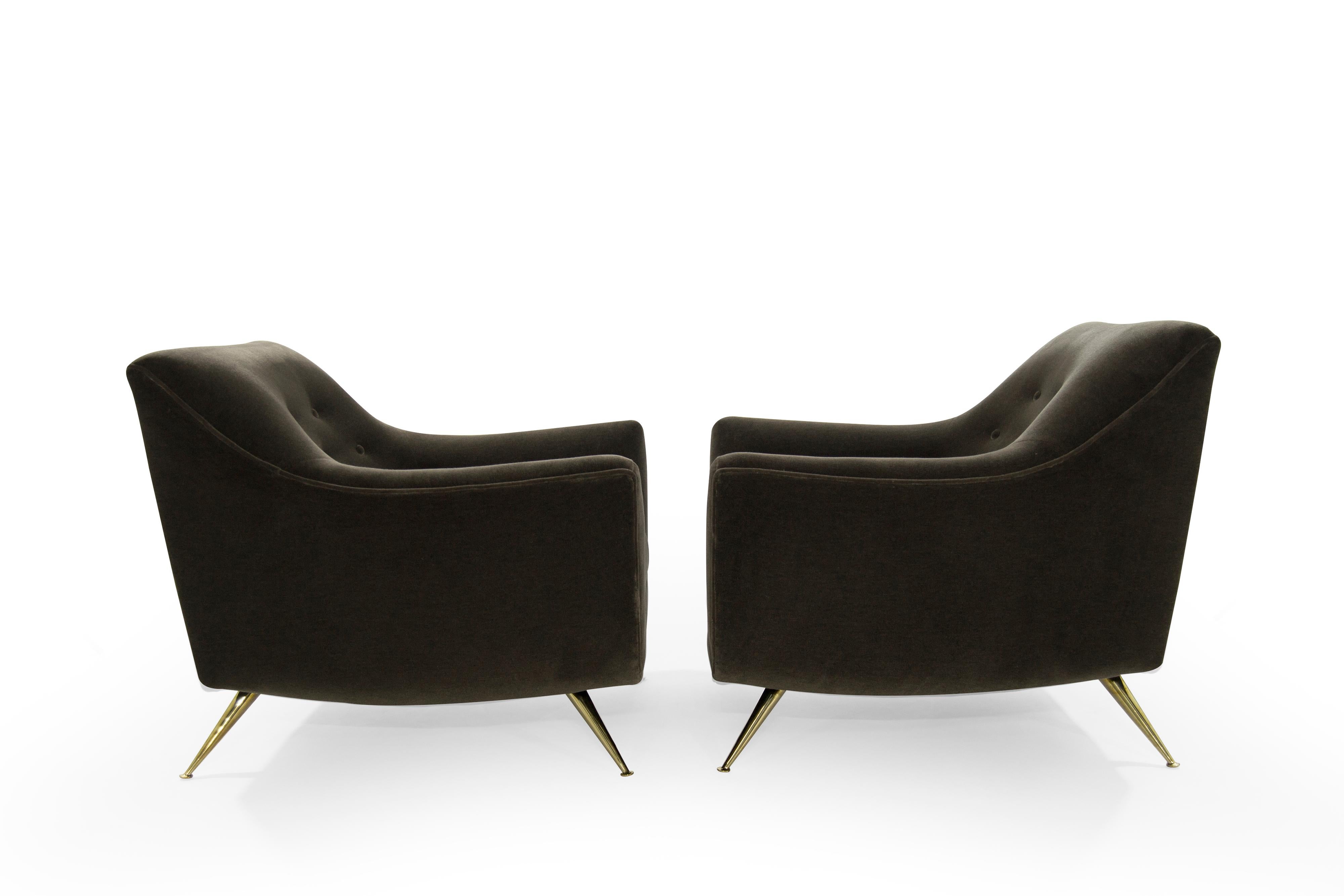 Pair of Henry Glass lounge chairs, newly upholstered in soft brown mohair.

Chairs have been completely restored to their original integrity. They boast handcut high grade foam, as well as hand polished brass legs. Extremely rare pair perfect from