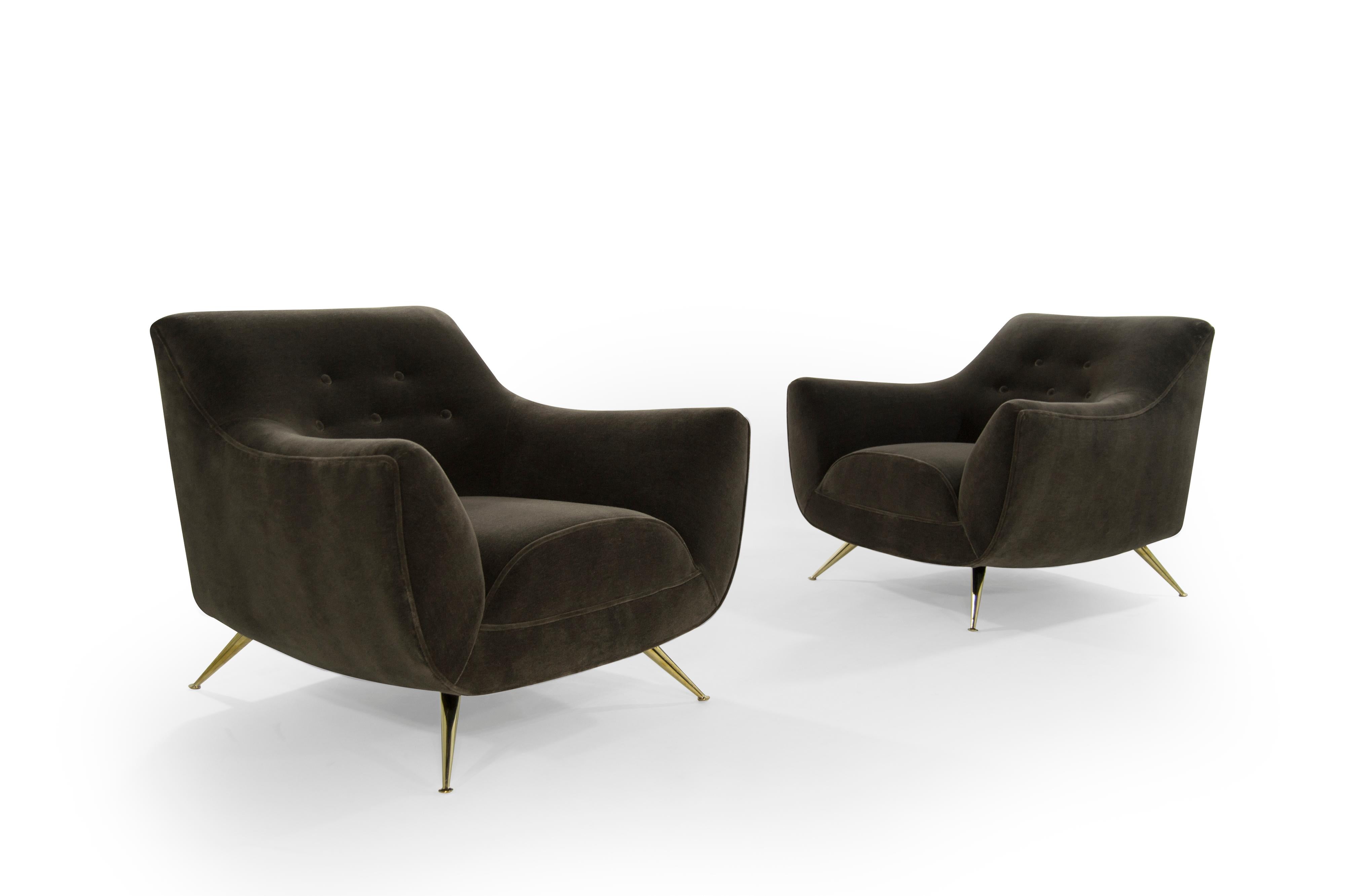 Brass Henry Glass Lounge Chairs in Mohair