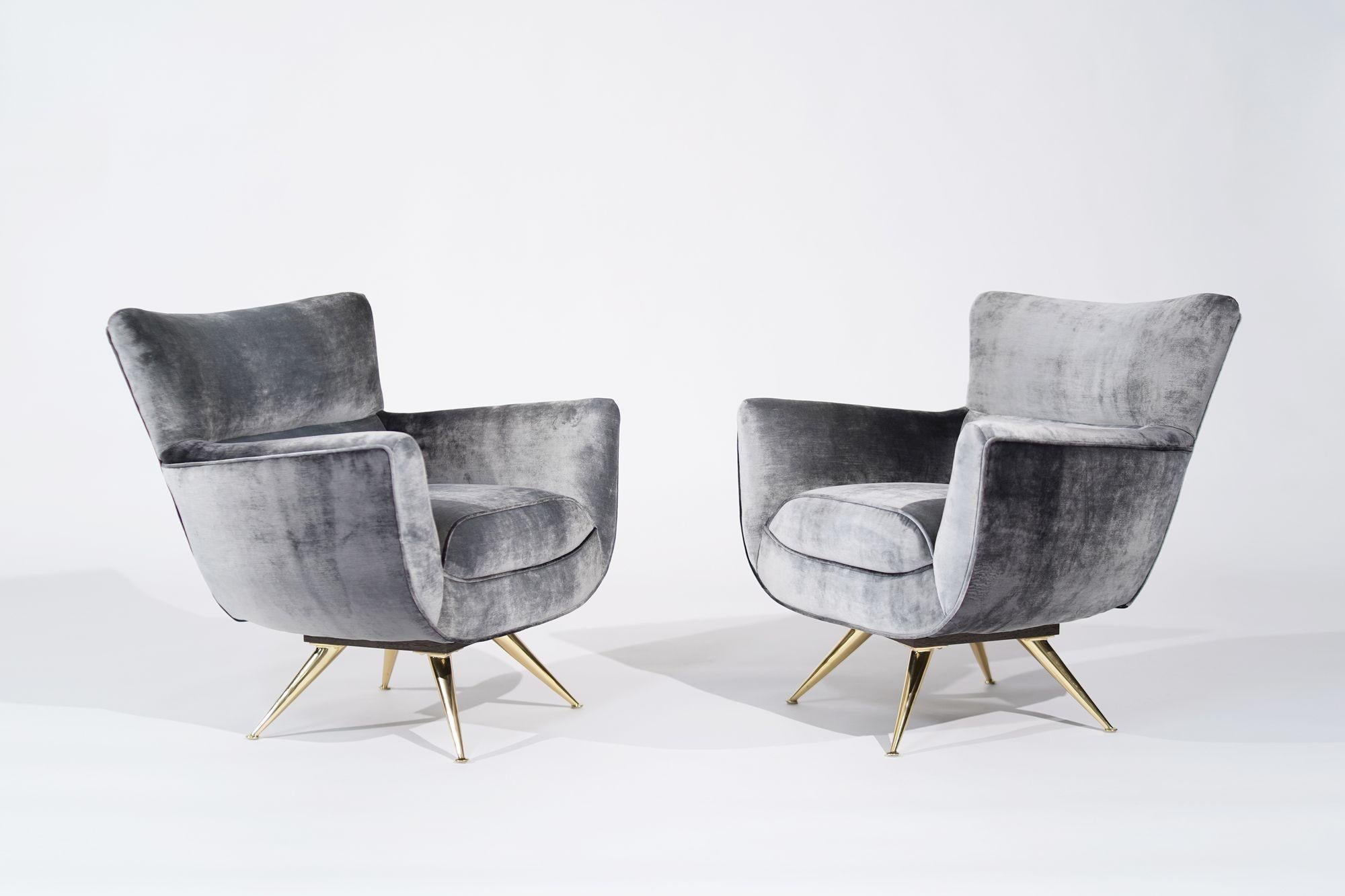 American Henry Glass Swivel Chairs in Distressed Silver Velvet, C. 1950s For Sale