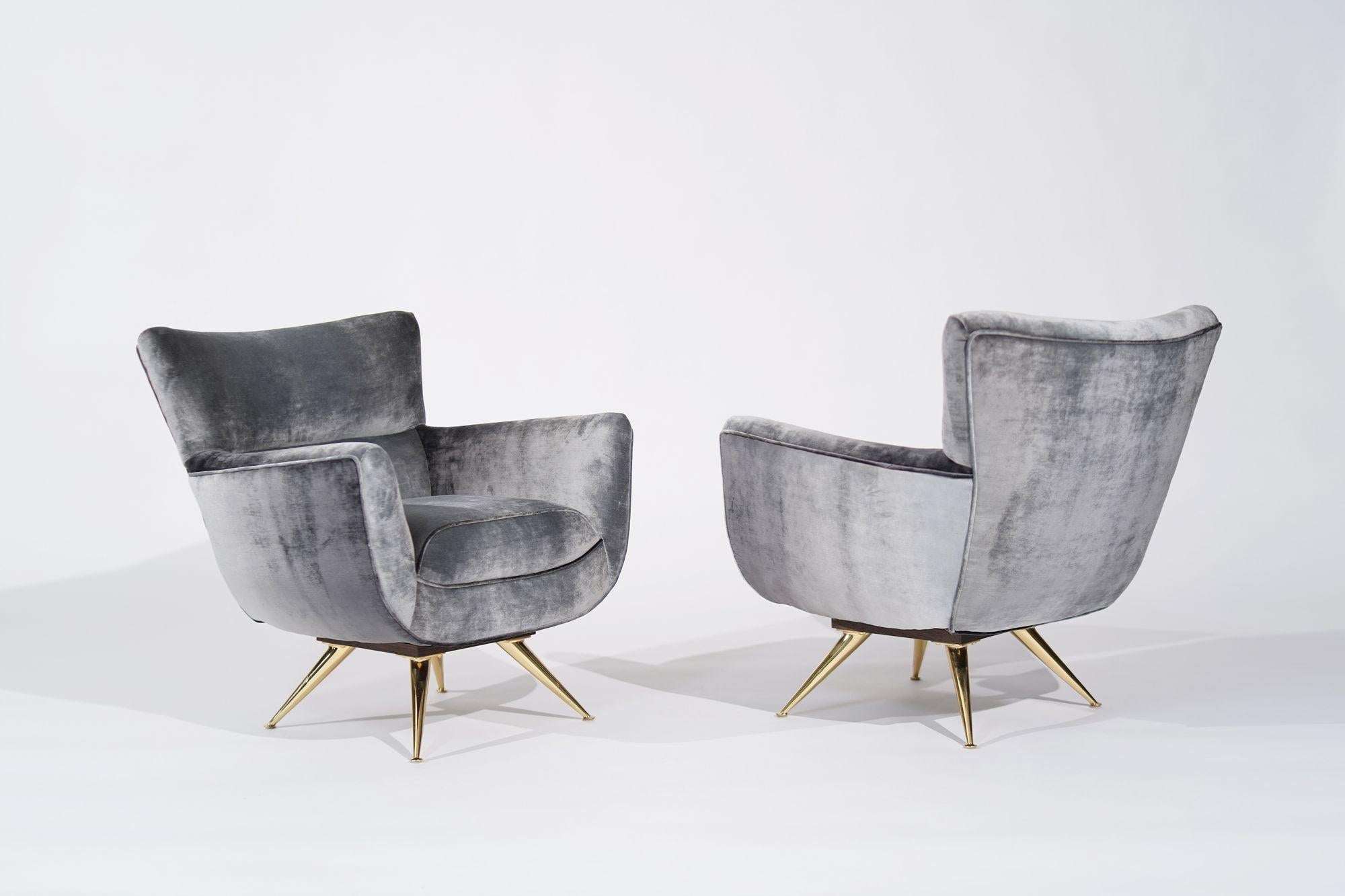 20th Century Henry Glass Swivel Chairs in Distressed Silver Velvet, C. 1950s For Sale
