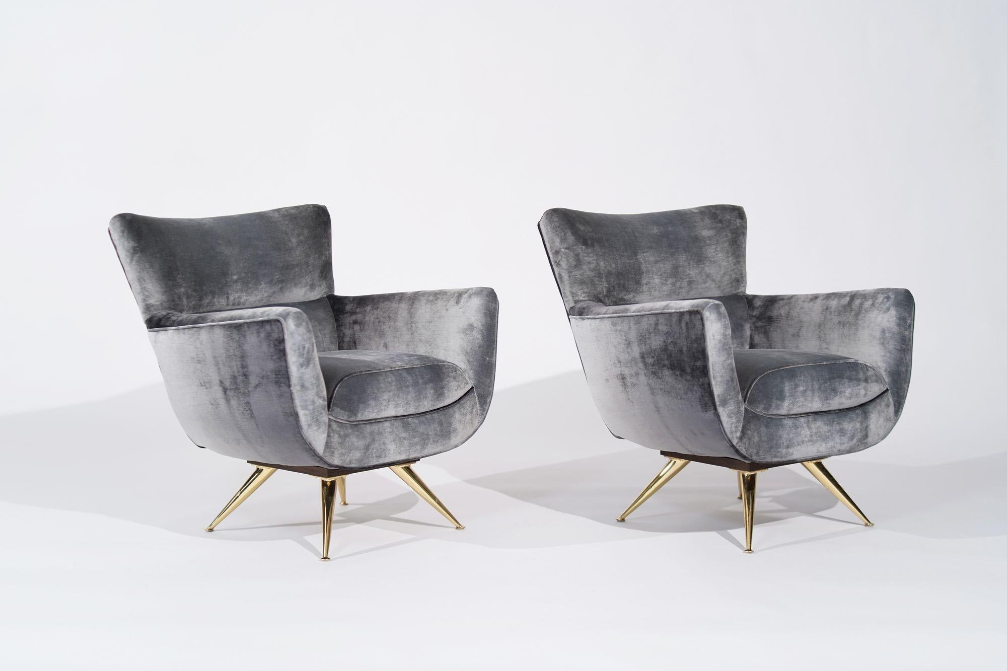 Brass Henry Glass Swivel Chairs in Distressed Silver Velvet, C. 1950s For Sale