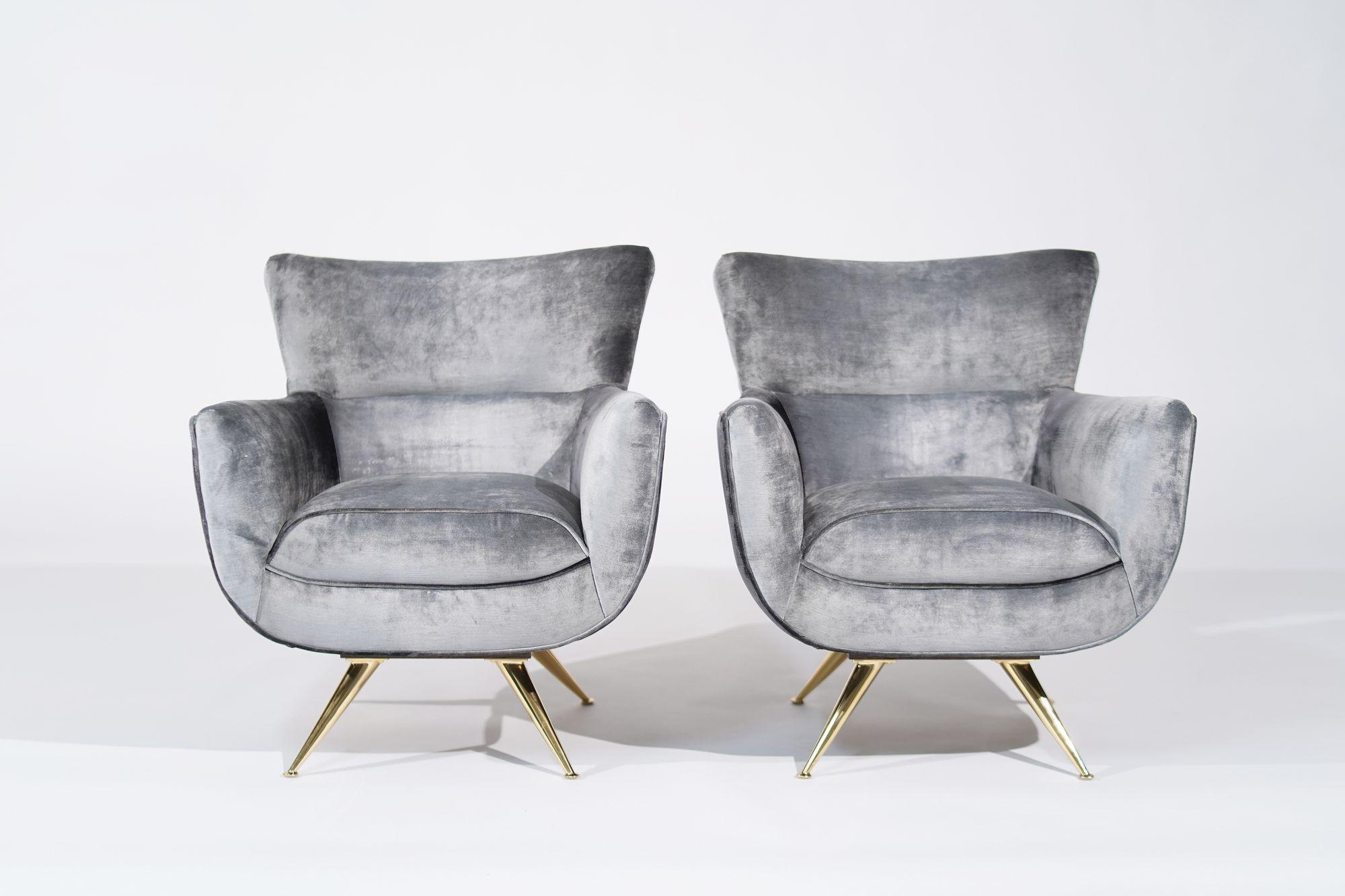 Henry Glass Swivel Chairs in Distressed Silver Velvet, C. 1950s For Sale 1