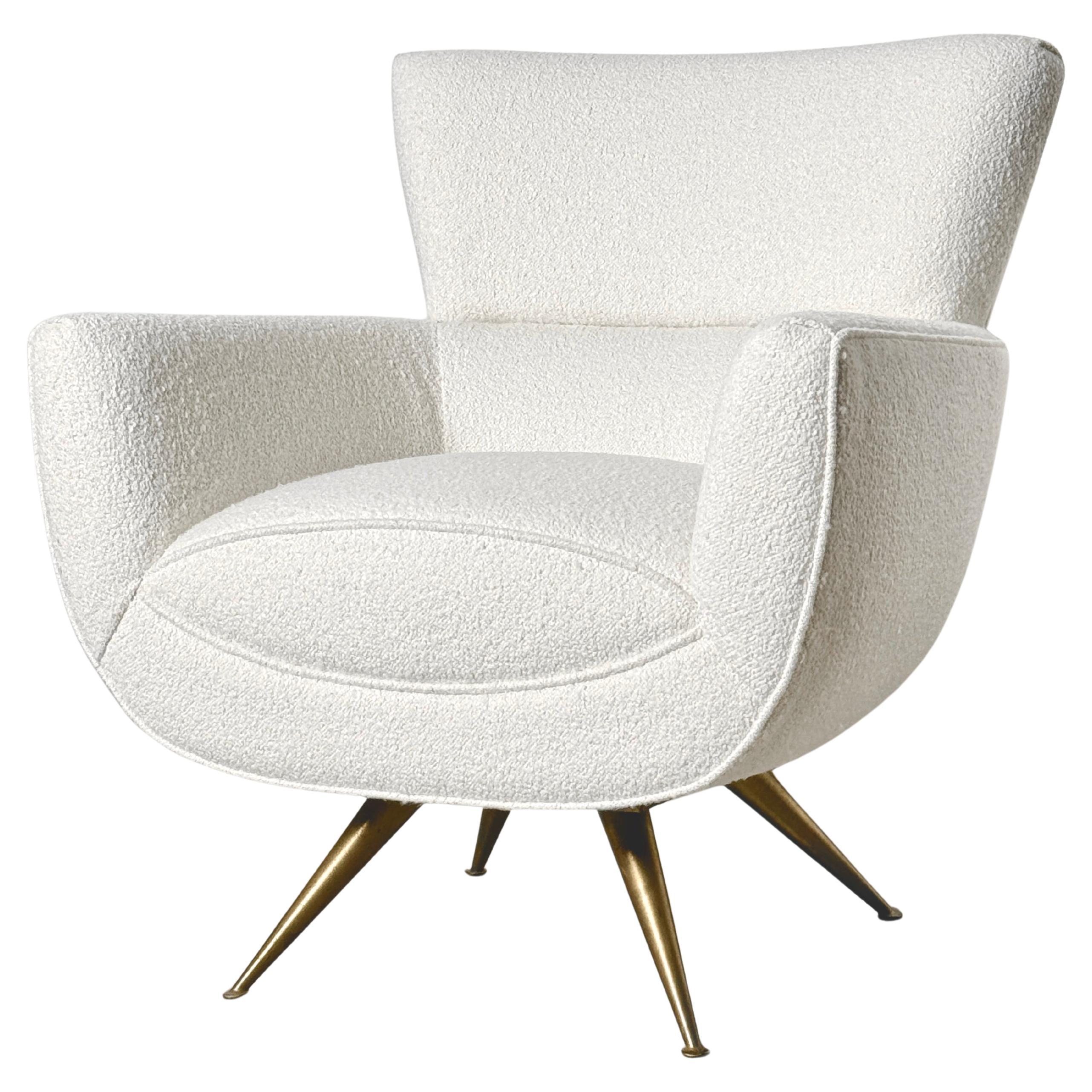 Henry P Glass Swivel Lounge Chair in White Boucle on Brass Legs 1950s