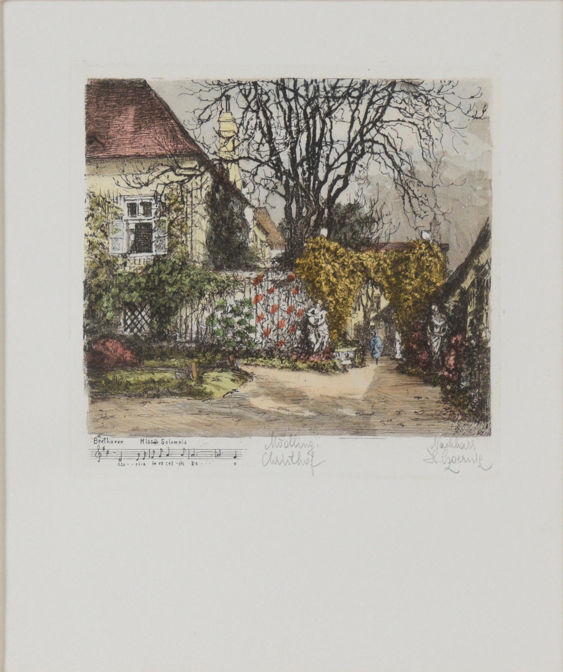 Beethovens Wohnsitz in Mödling Kolorierte Radierung von Henry Goering im Angebot 1