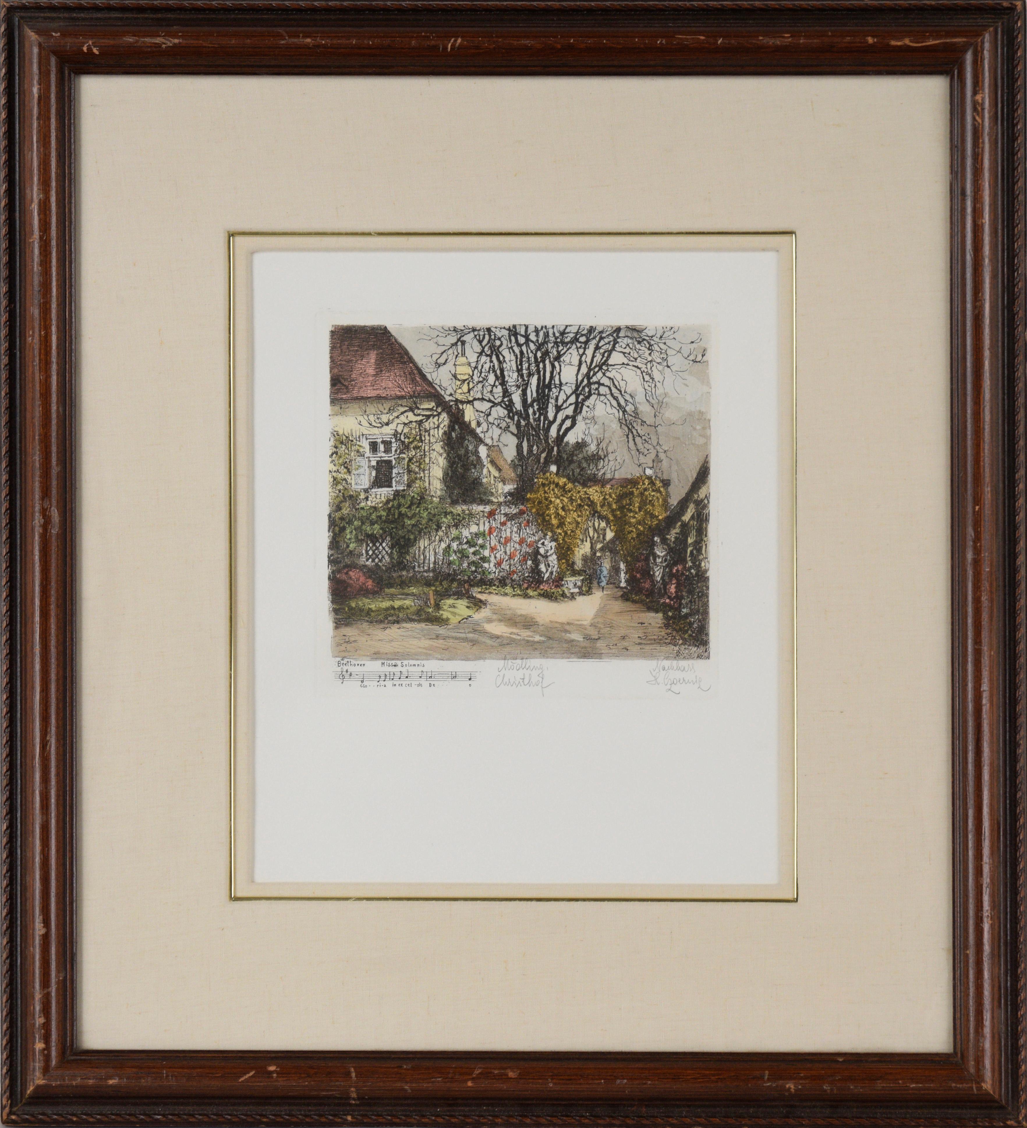Beethovens Residence at Mödling - Vintage Colored Etching by Henry Goering WWII

Hand colored etching of the Christof House (the Yard of Christ) by Henry Goering (German/American, 1871-1944). The viewer stands, looking to the front of the white