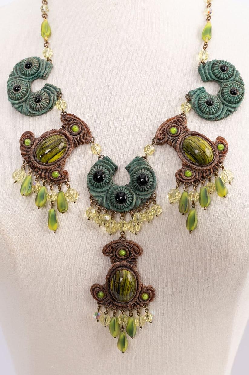 Henry Green and Brown Talosel Bib Necklace In Excellent Condition For Sale In SAINT-OUEN-SUR-SEINE, FR