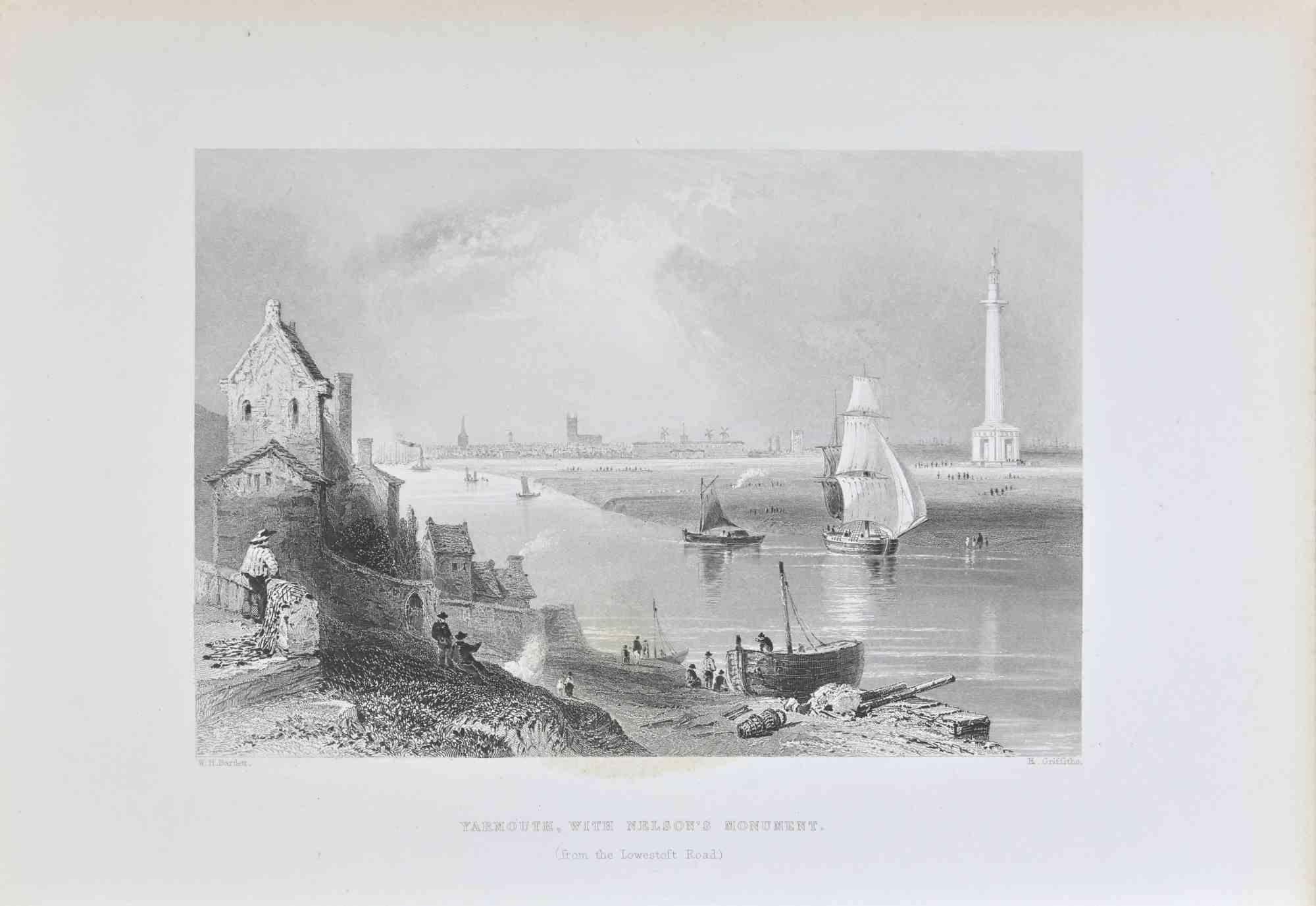 Yarmouth is an etching realized in 1845 by H. Griffiths.

Signed on the plate. 

Titled on the lower center.

Good conditions with slight foxing.

The artwork is beautifully realized in a well-balanced composition through short, deft strokes.