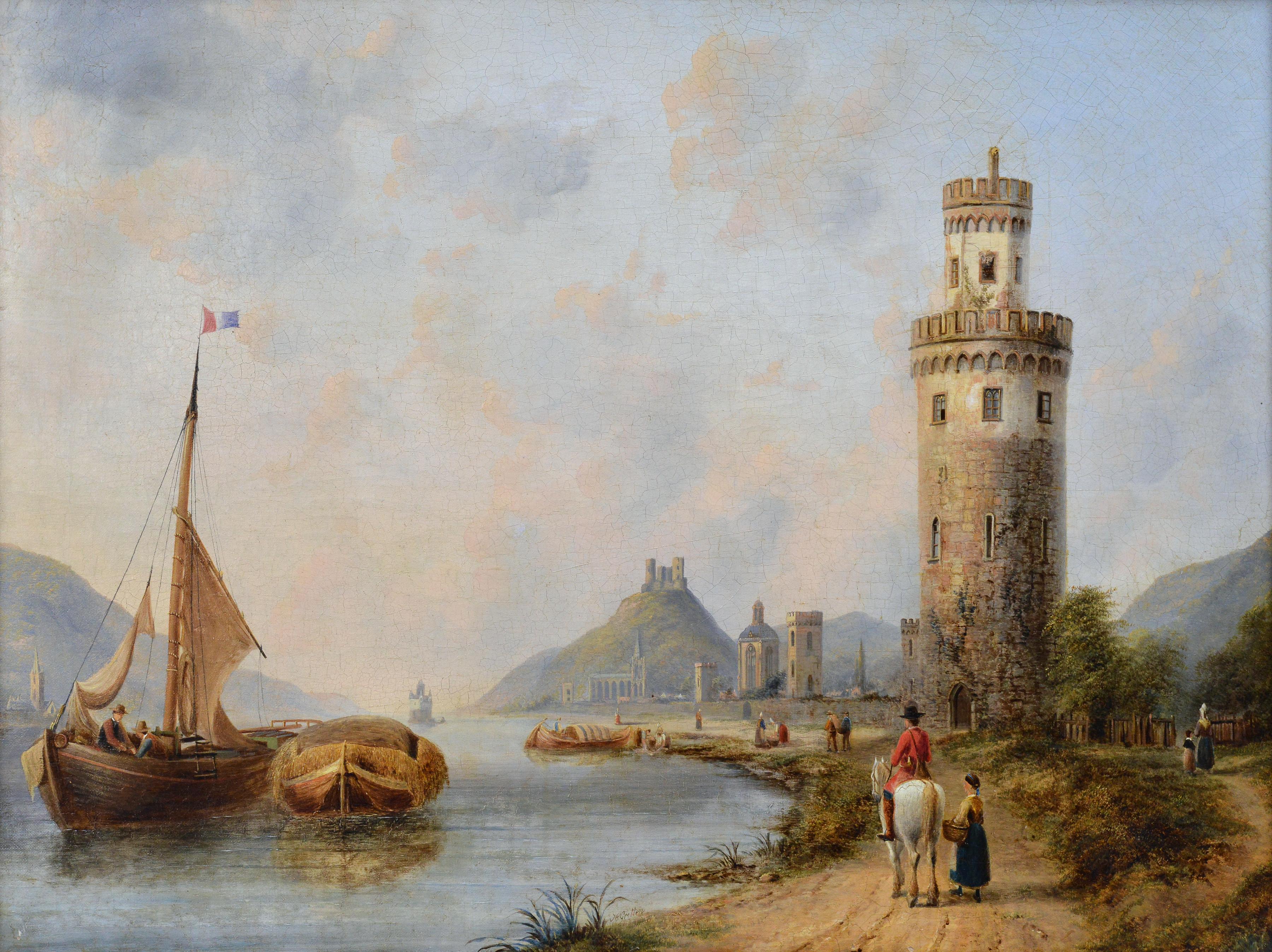 Oberwesel sur le Rhin Paysage pittoresque 19e siècle Peinture à l'huile de maître britannique - Painting de Henry Gritten