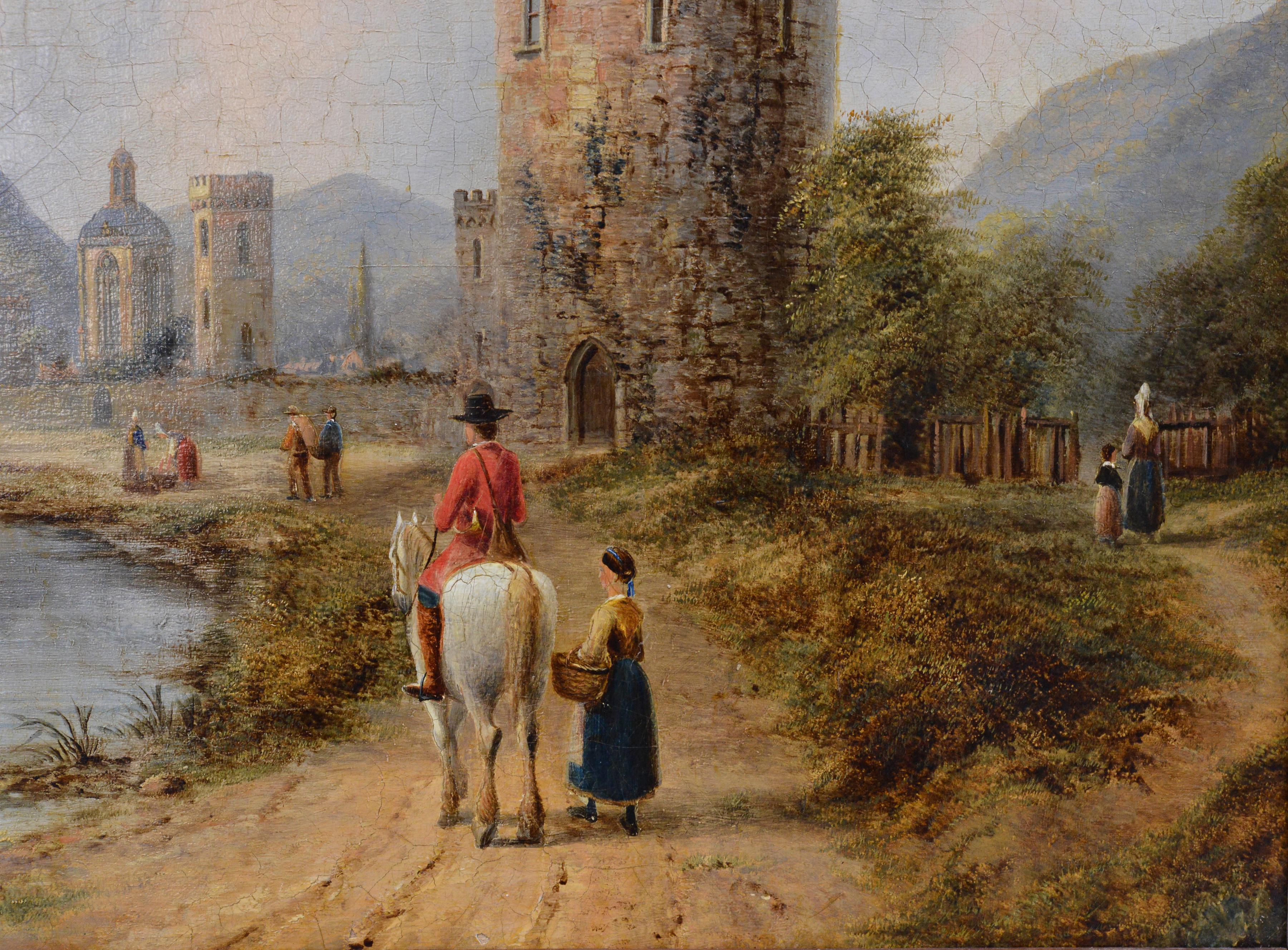 Oberwesel sur le Rhin Paysage pittoresque 19e siècle Peinture à l'huile de maître britannique - Marron Figurative Painting par Henry Gritten