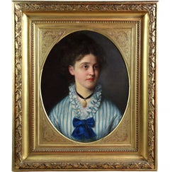 Antique Oil On Canvas Portrait Of A Young Lady 19th century