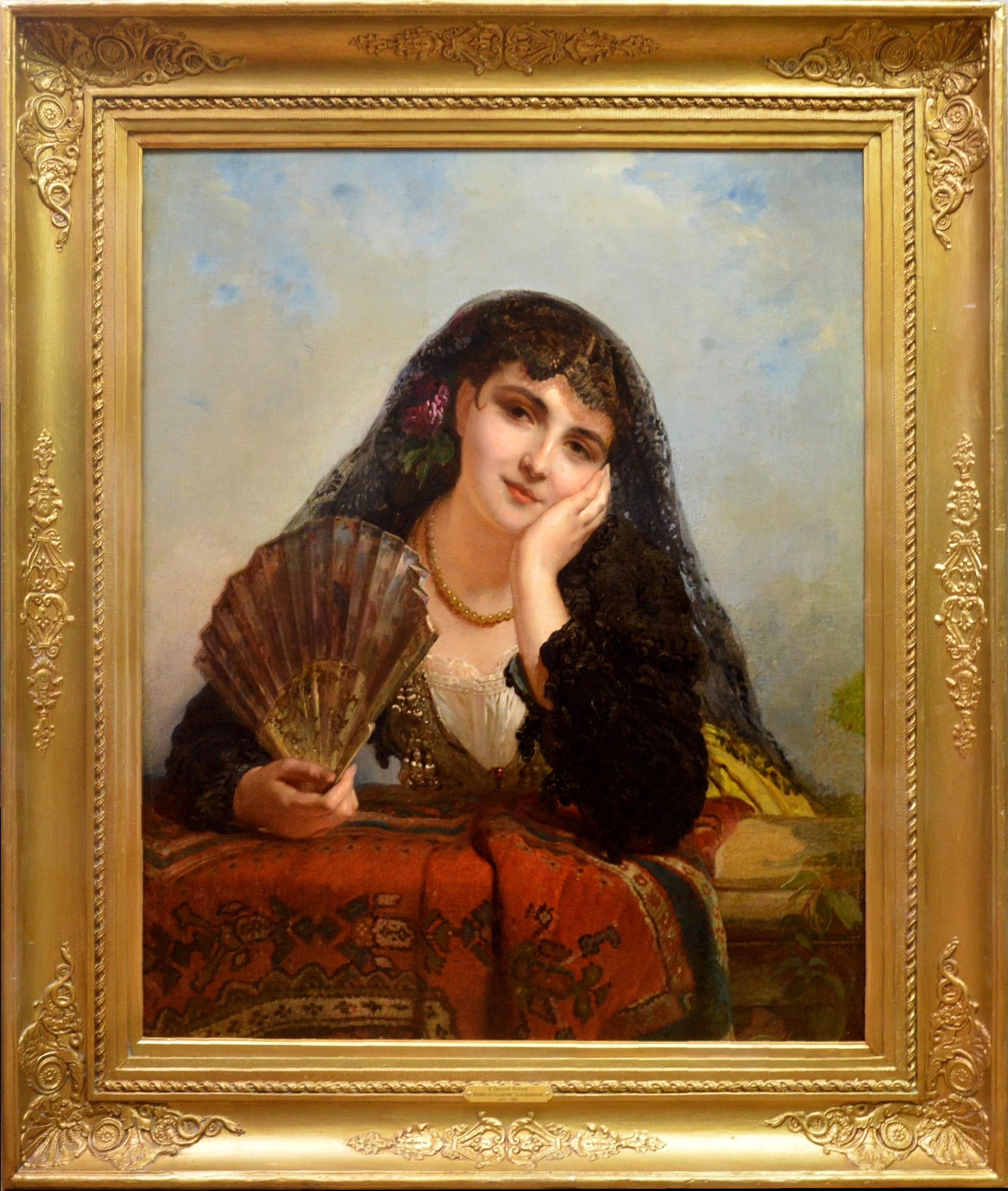Henri-Guillaume Schlesinger Figurative Painting - A Spanish Beauty - 19th Century Portrait of Girl with Fan - 1863 Paris Salon