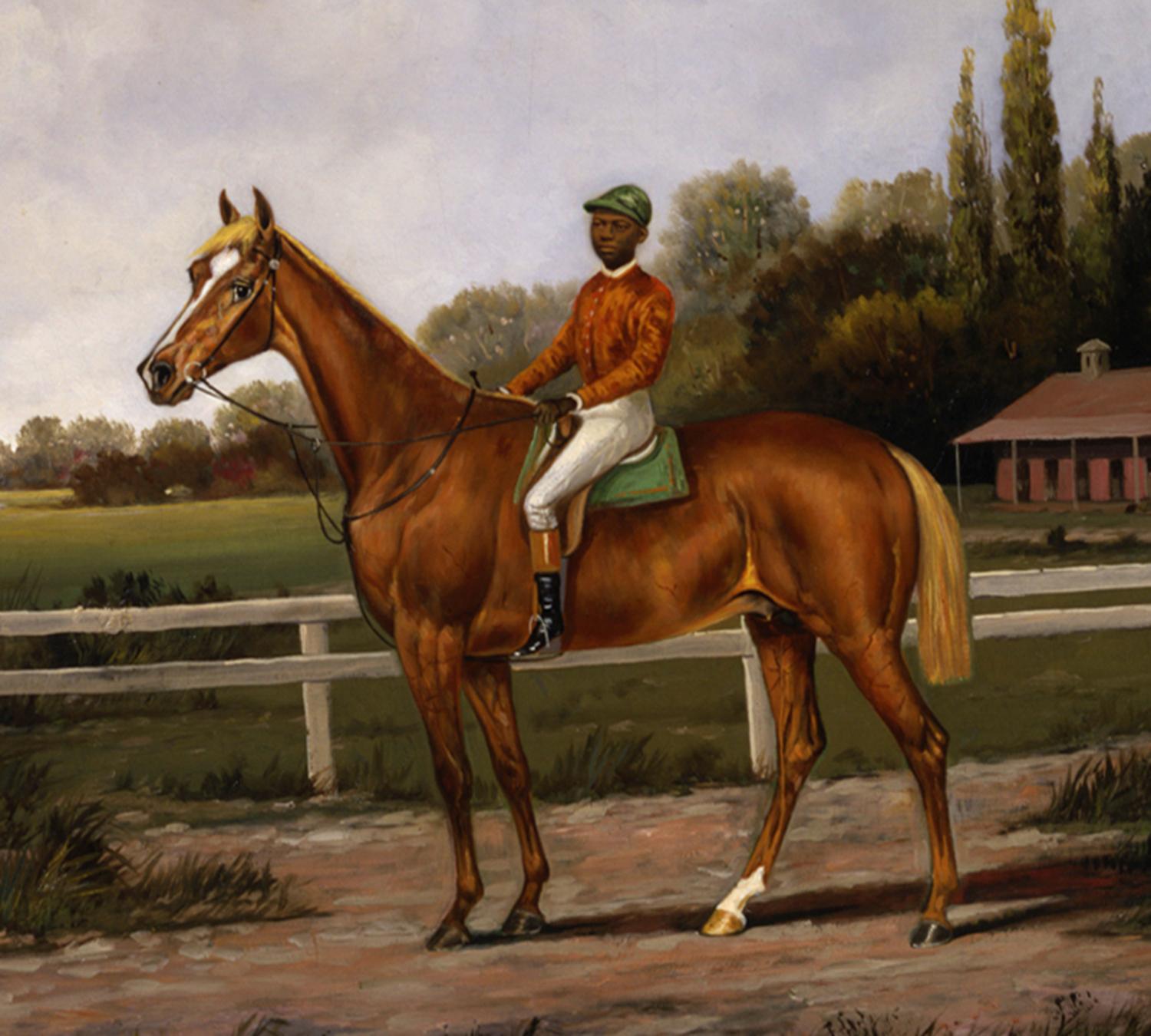 Racehorse aus Kastanienholz mit Jockey Up auf einem Trainingsriemen  – Painting von Henry H. Cross