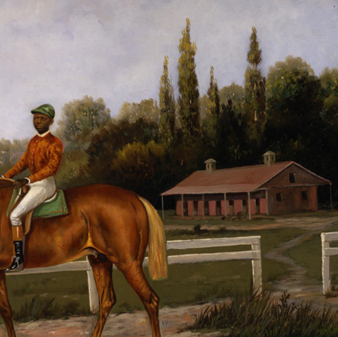 Racehorse aus Kastanienholz mit Jockey Up auf einem Trainingsriemen  (Amerikanischer Realismus), Painting, von Henry H. Cross