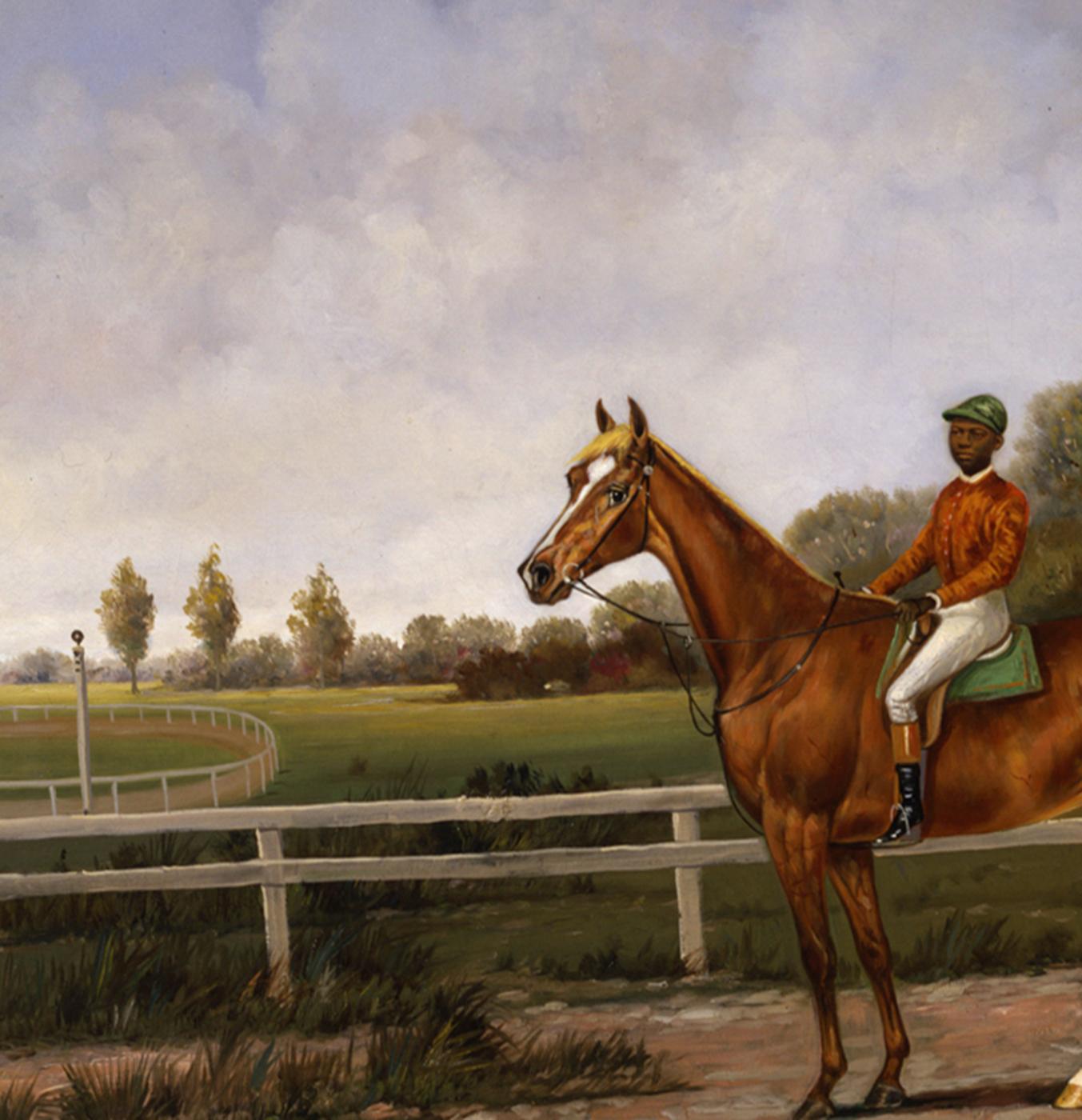 Racehorse aus Kastanienholz mit Jockey Up auf einem Trainingsriemen  (Schwarz), Landscape Painting, von Henry H. Cross
