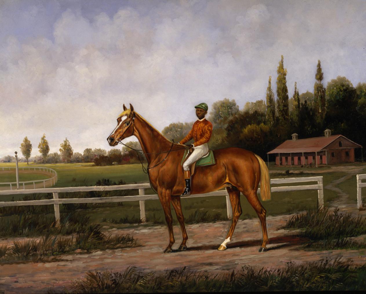 Chestnut Racehorse with a Jockey Up On a Training Strap 