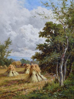 19th Century landscape oil painting of a harvest field