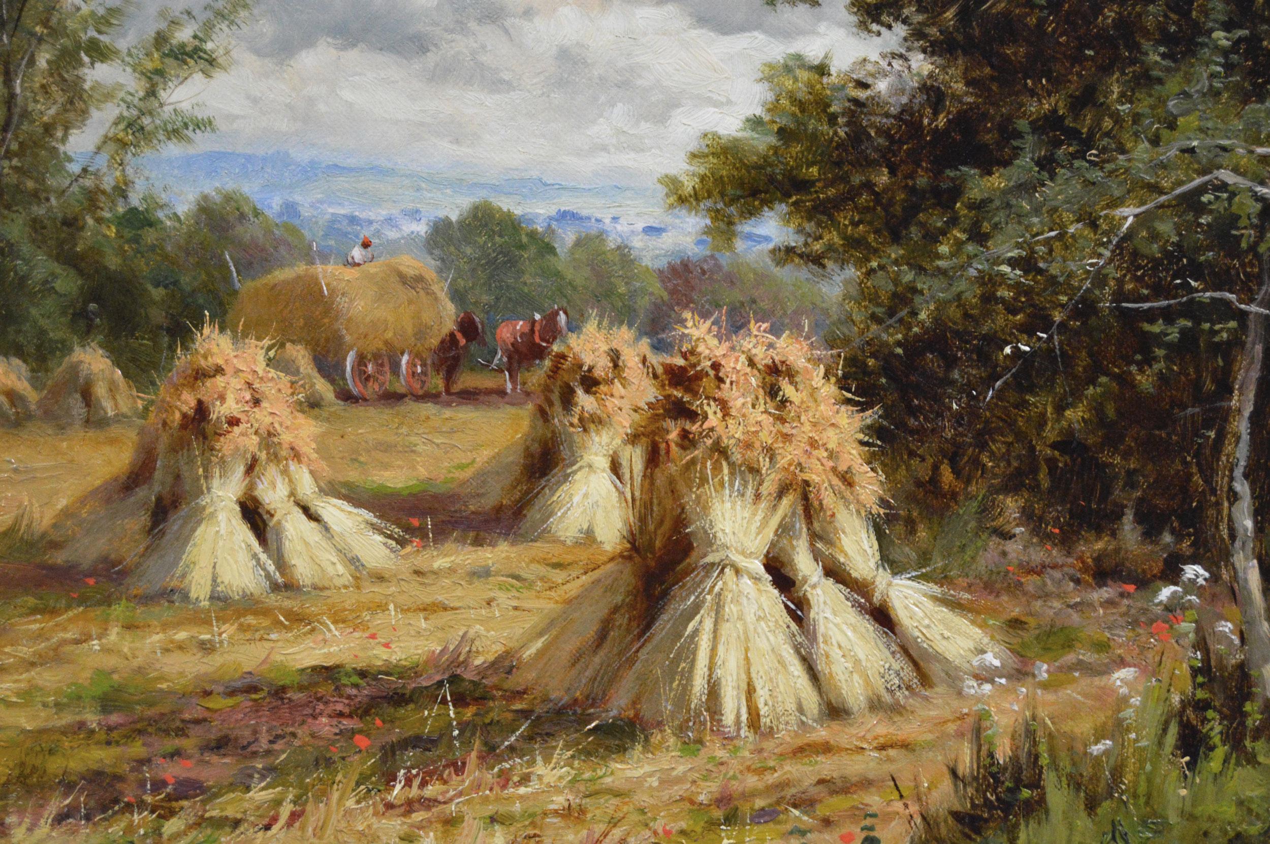 Paisaje al óleo del siglo XIX de un campo de cosecha - Painting Victoriano de Henry H Parker