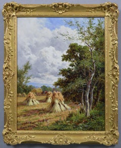 19th Century landscape oil painting of a harvest field