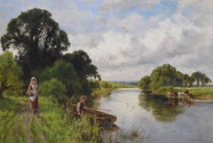 19th Century river landscape oil painting of figures along the Thames
