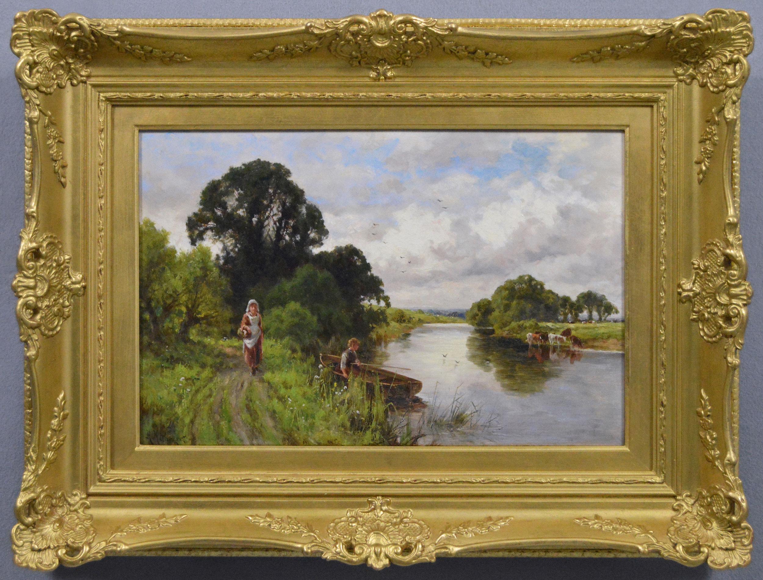 19th Century river landscape oil painting of figures along the Thames