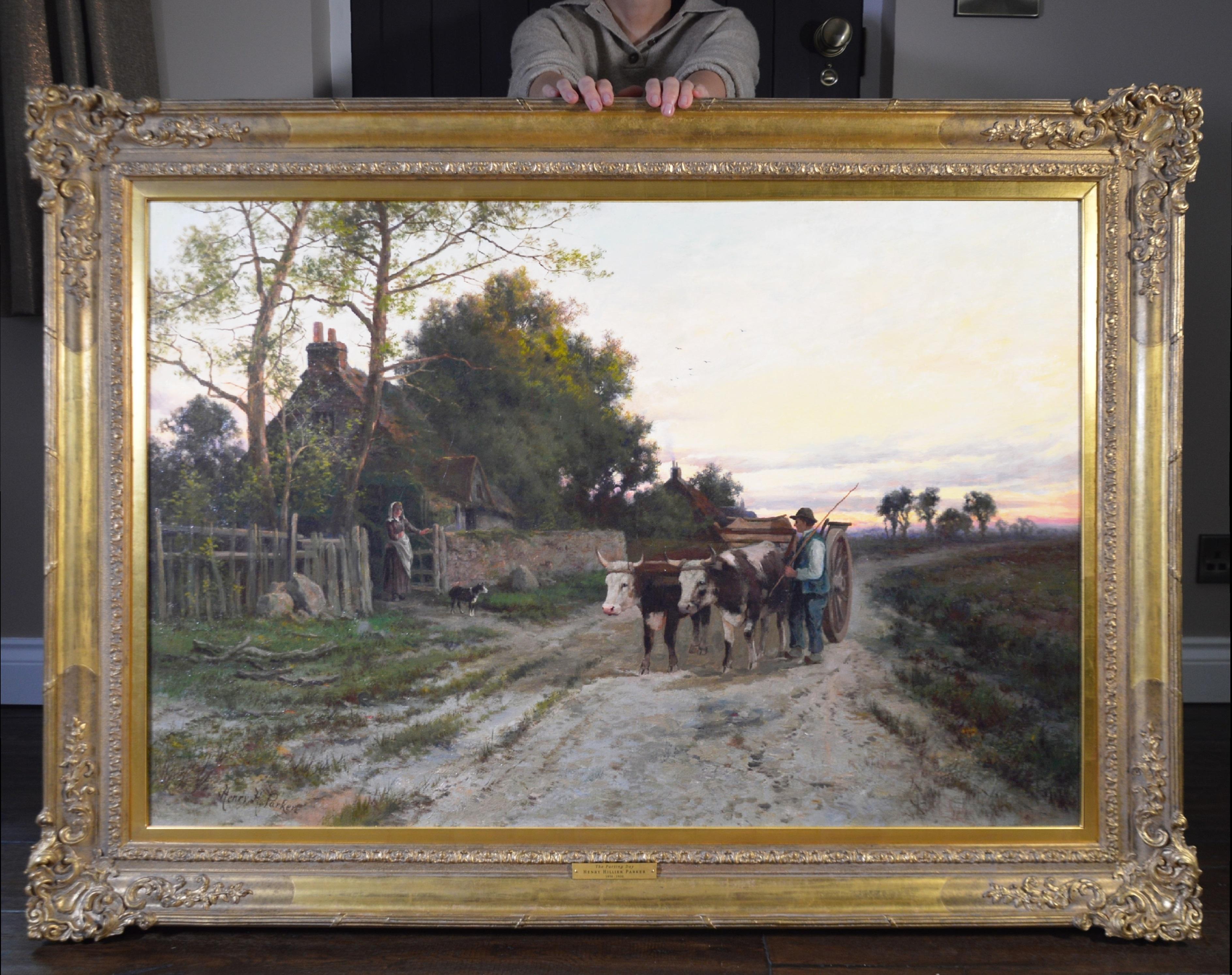Henry H Parker Animal Painting - The Parting Day - V Large 19th Century English Sunset Landscape Oil Painting  