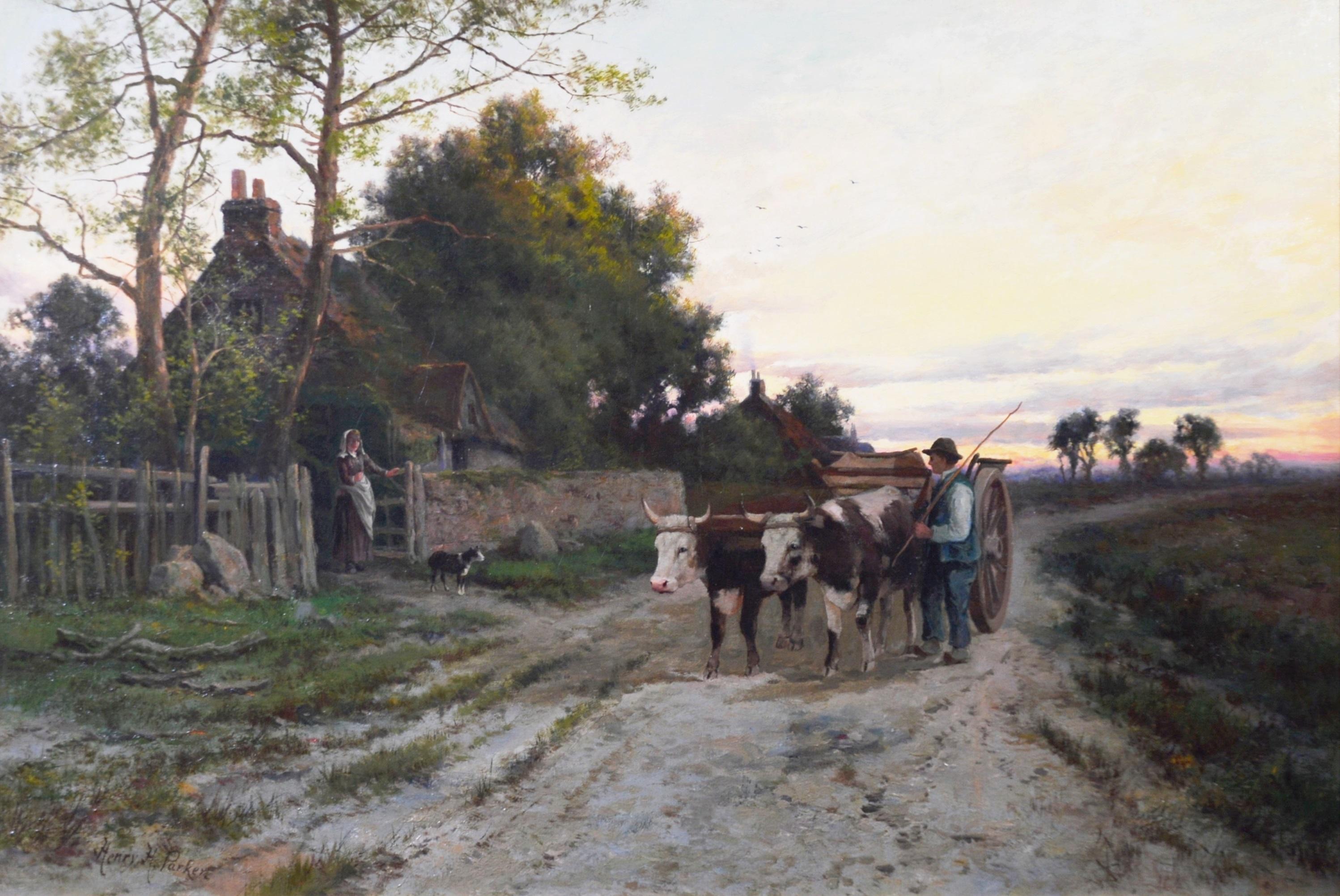 The Parting Day - V Large 19th Century Oil Painting English Sunset Landscape - Gray Animal Painting by Henry H Parker