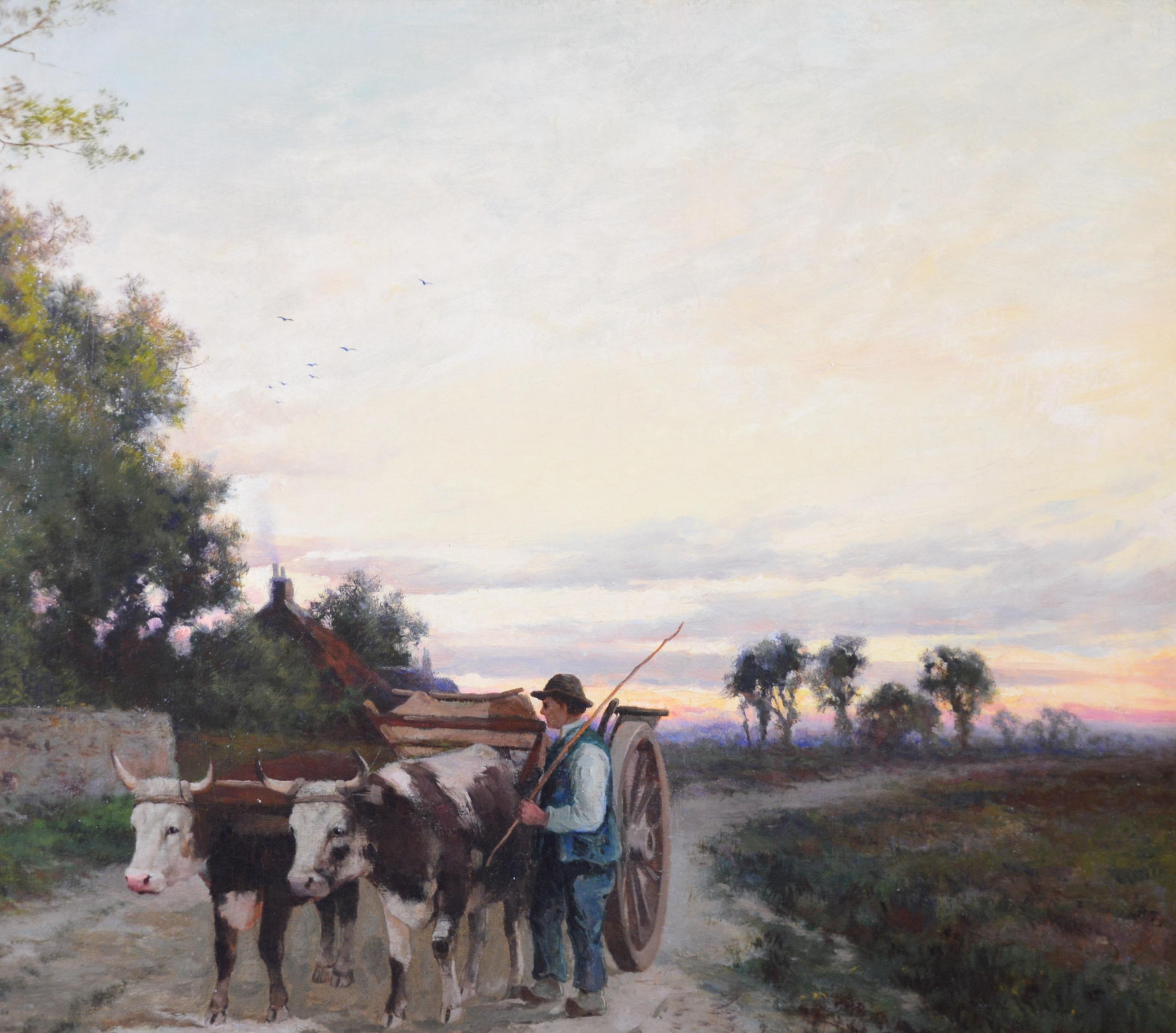 The Parting Day - V Großes Ölgemälde, 19. Jahrhundert, englische Sonnenuntergang-Landschaft, V. Jahrhundert (Grau), Animal Painting, von Henry H Parker