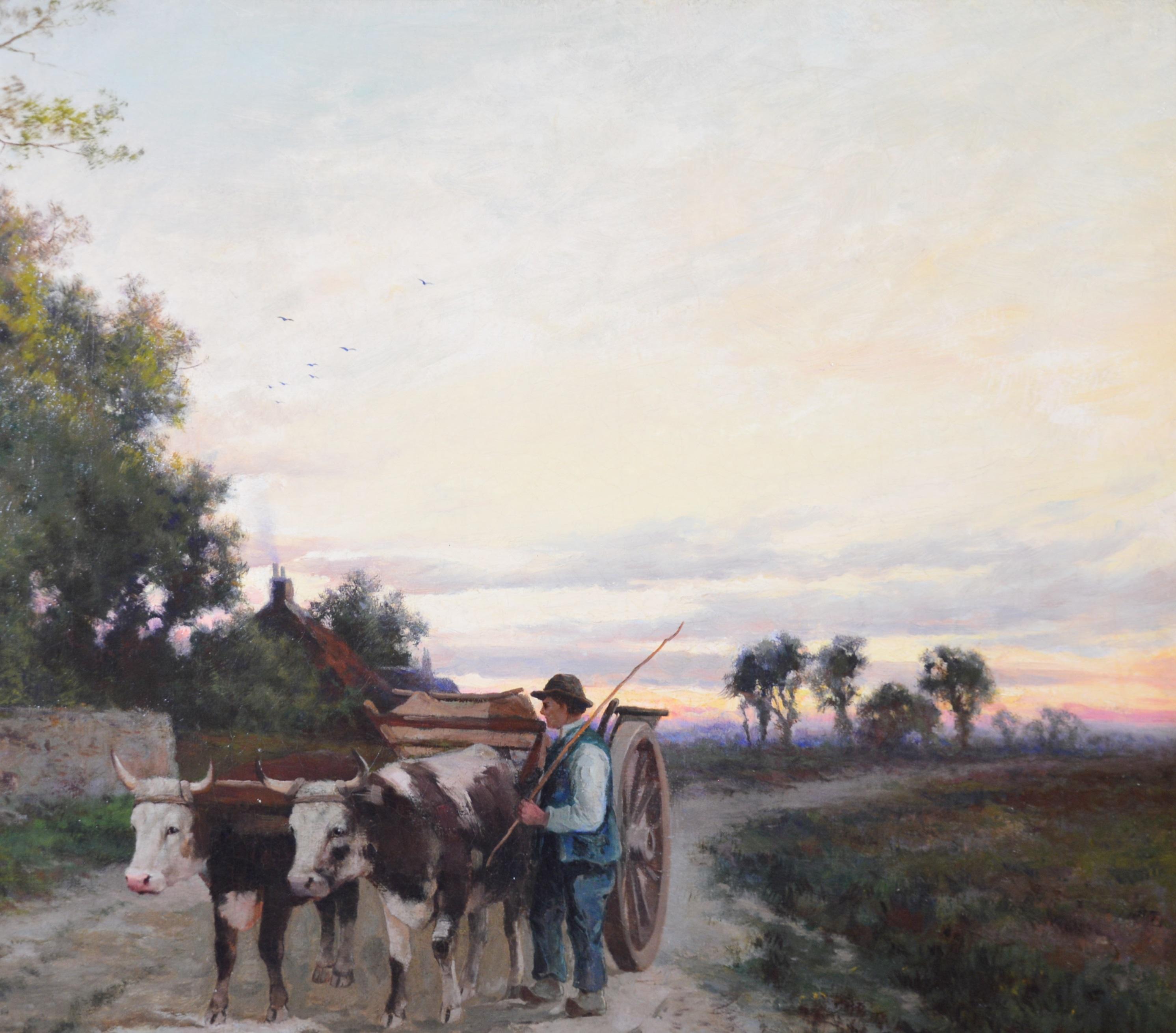 Il giorno del commiato - V grande dipinto a olio del XIX secolo Paesaggio inglese al tramonto - Landscape Painting Grigio di Henry H Parker
