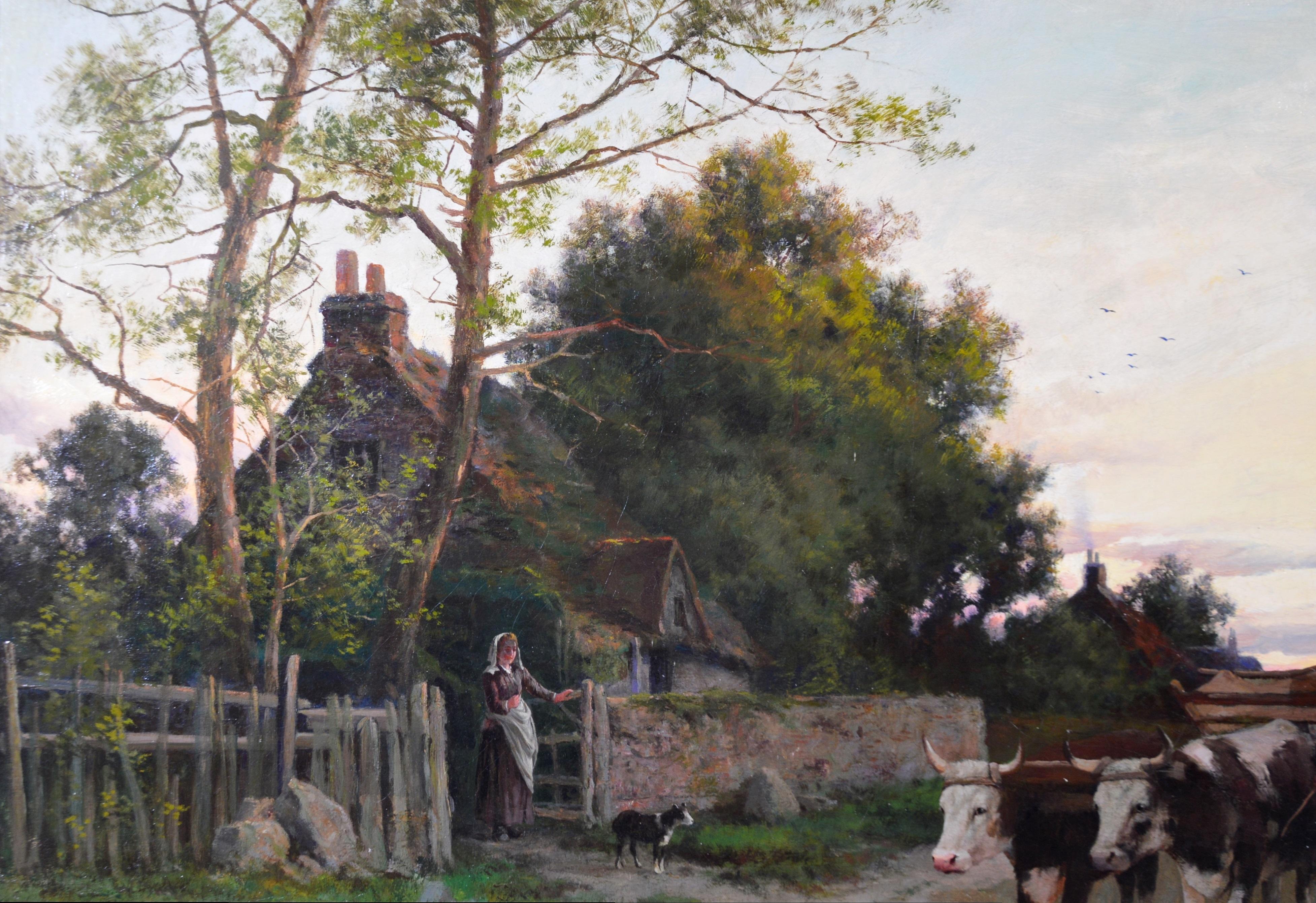 Il giorno del commiato - V grande dipinto a olio del XIX secolo Paesaggio inglese al tramonto 1