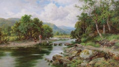 Victorian Landscape Painting: The Stepping Stones, Oil on Canvas Henry H. Parker