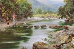 Victorian Landscape Painting: The Stepping Stones, Oil on Canvas Henry H. Parker