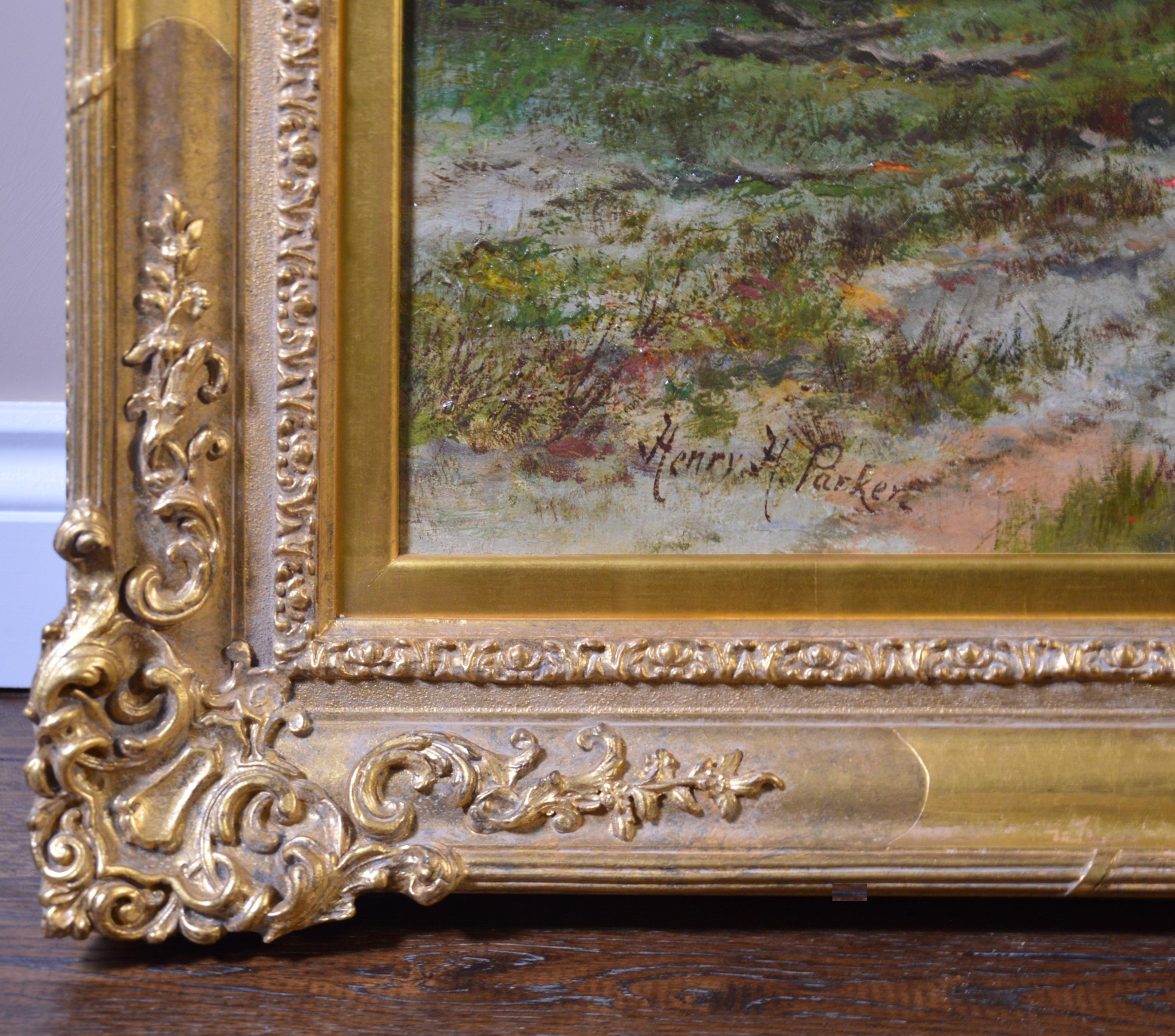 Pittura a olio del XIX secolo molto grande con paesaggio vittoriano inglese al tramonto 7