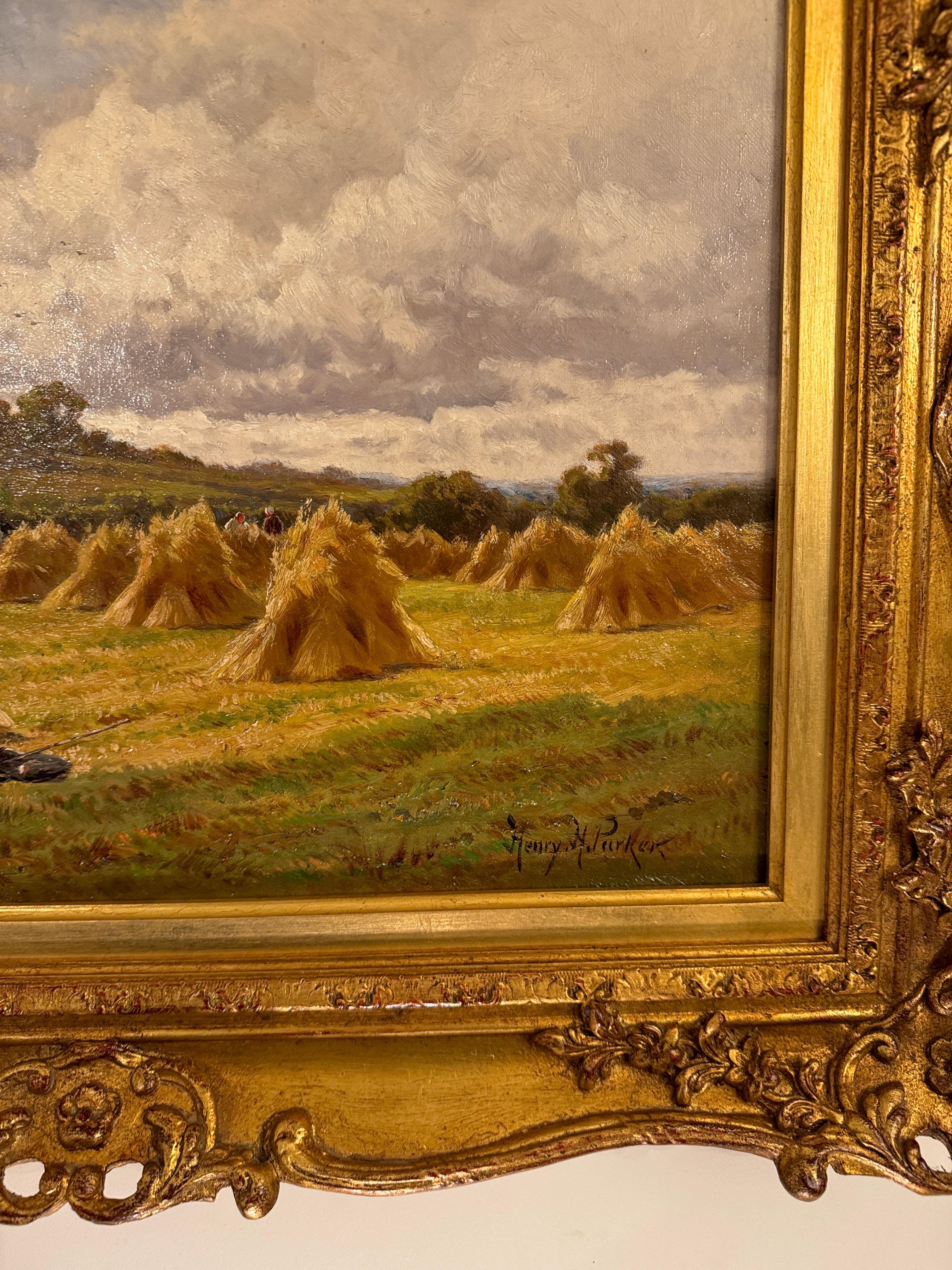 19th century Antique English Landscape at Harvest time - Painting by Henry H. Parker