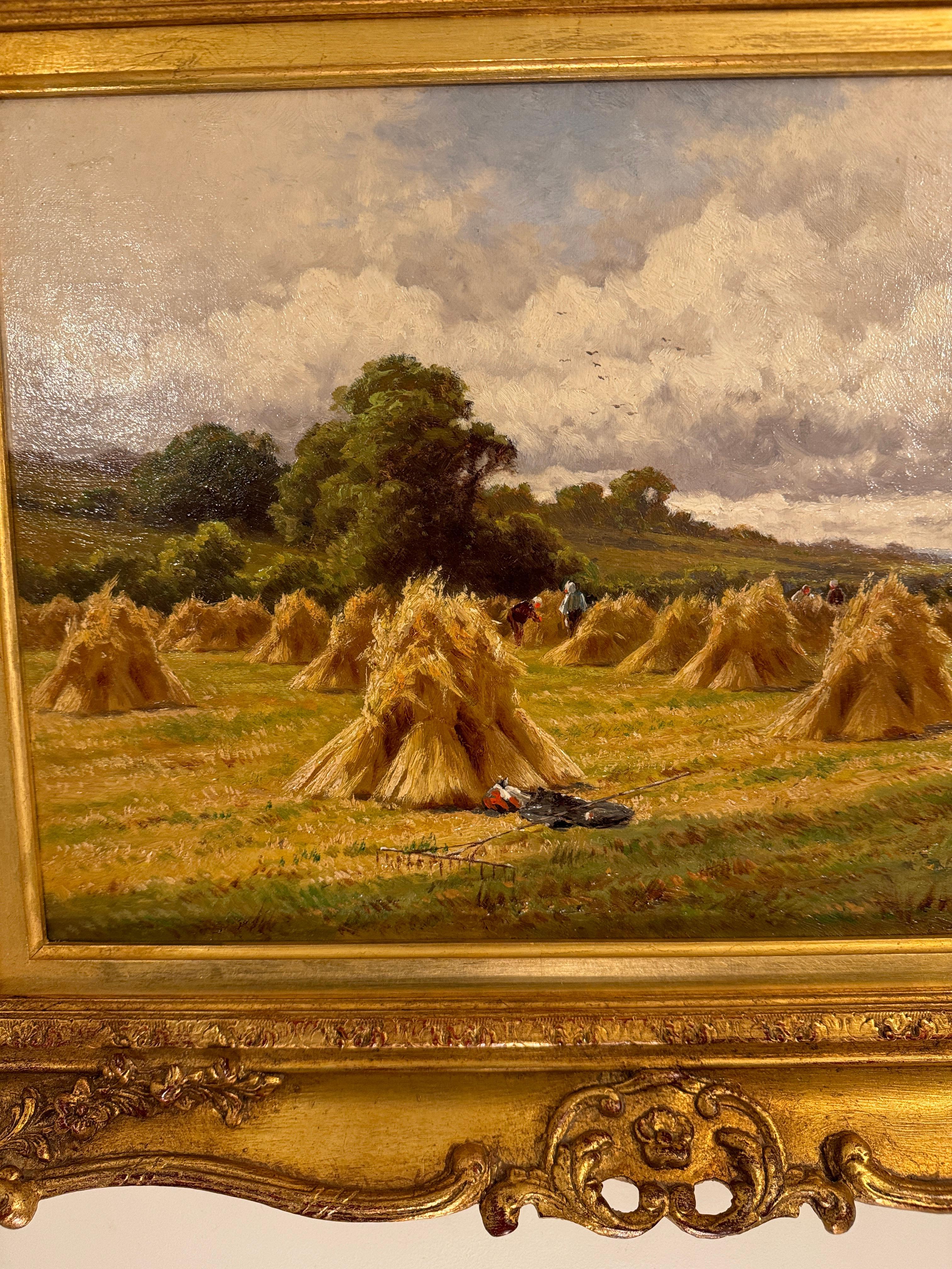 19th century Antique English Landscape at Harvest time - Victorian Painting by Henry H. Parker