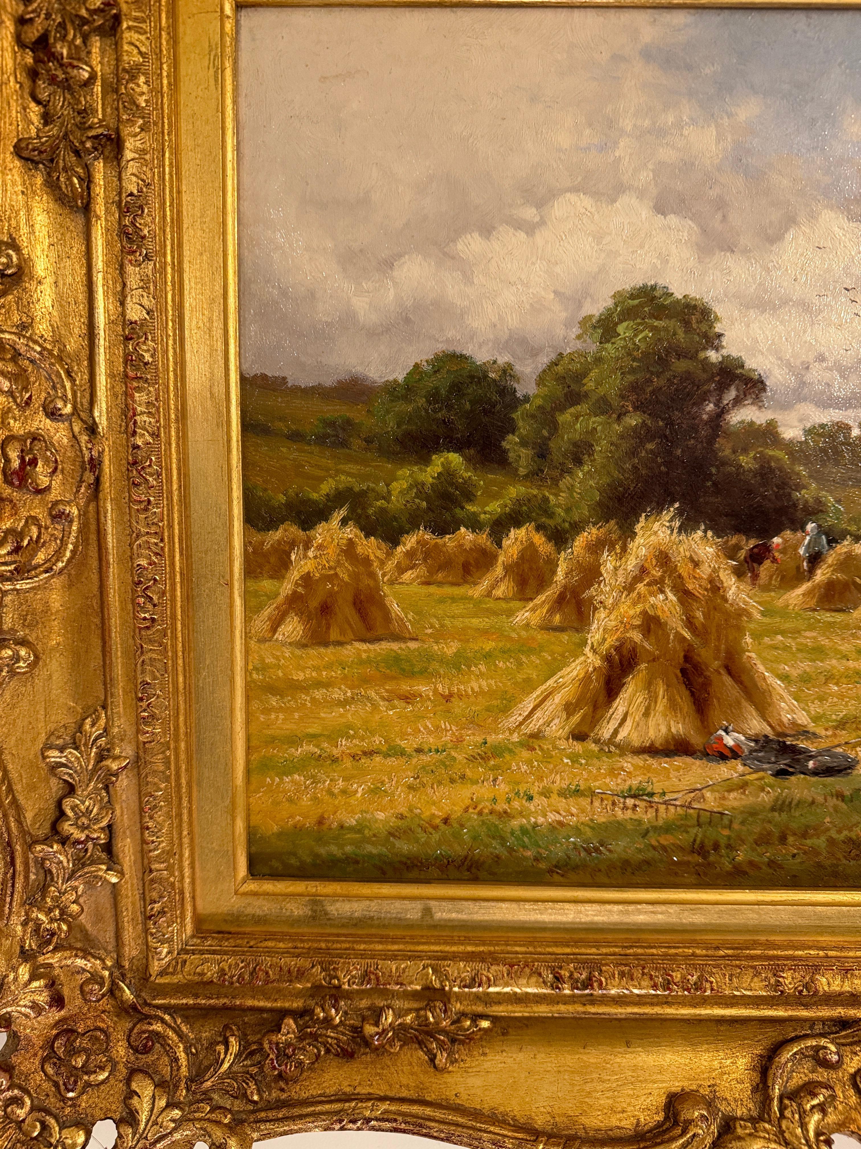 19th century Antique English Landscape at Harvest time - Brown Landscape Painting by Henry H. Parker