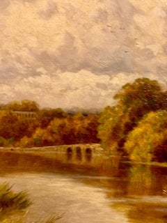 19th century Antique English River landscape with Church