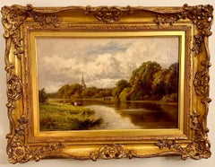 19th century Antique English River landscape with Church