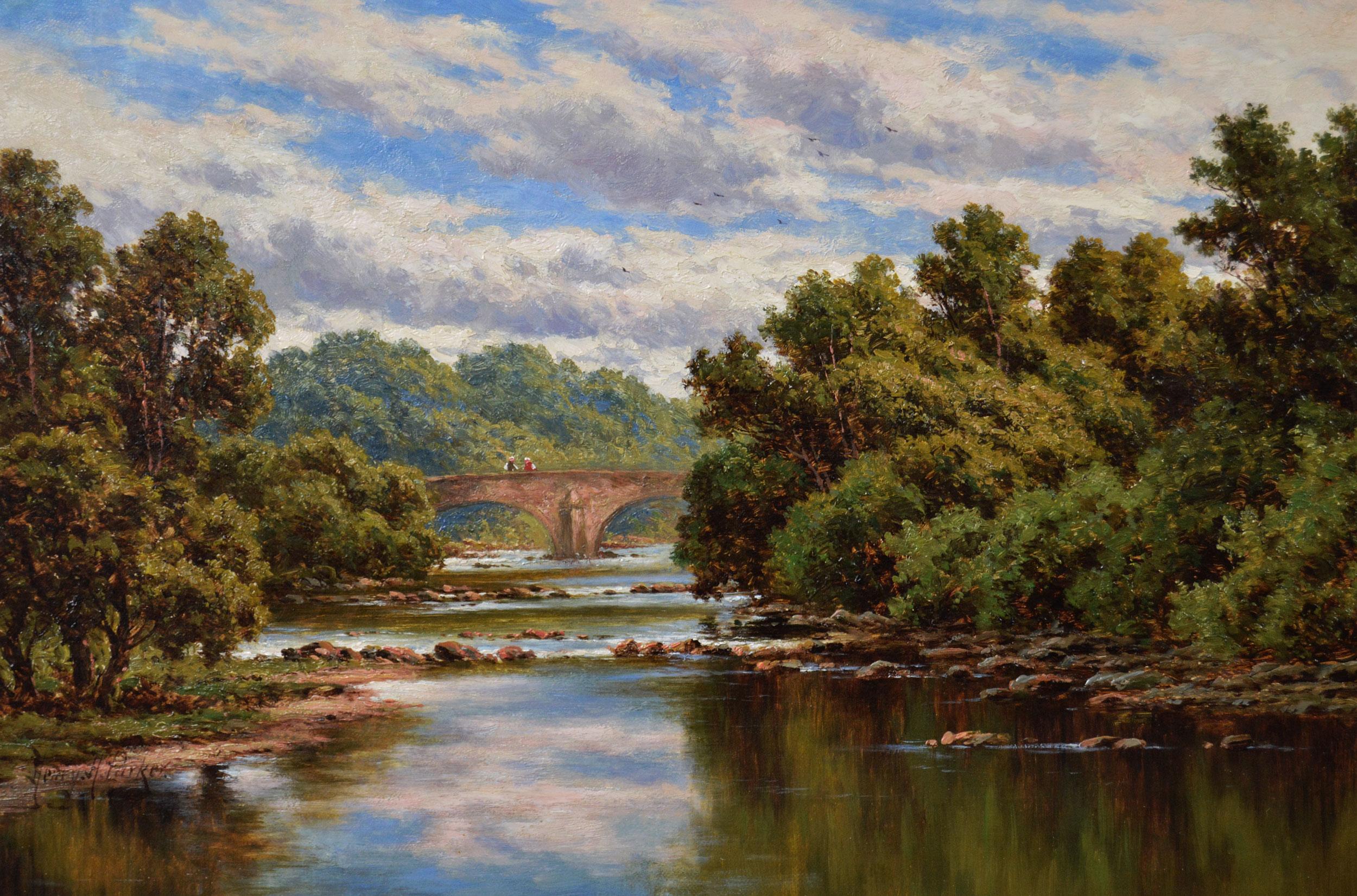 19th Century Lancashire river landscape oil painting of Doeford Bridge - Painting by Henry H. Parker