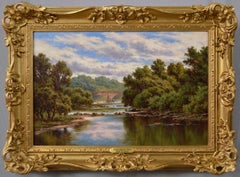 19th Century Lancashire river landscape oil painting of Doeford Bridge