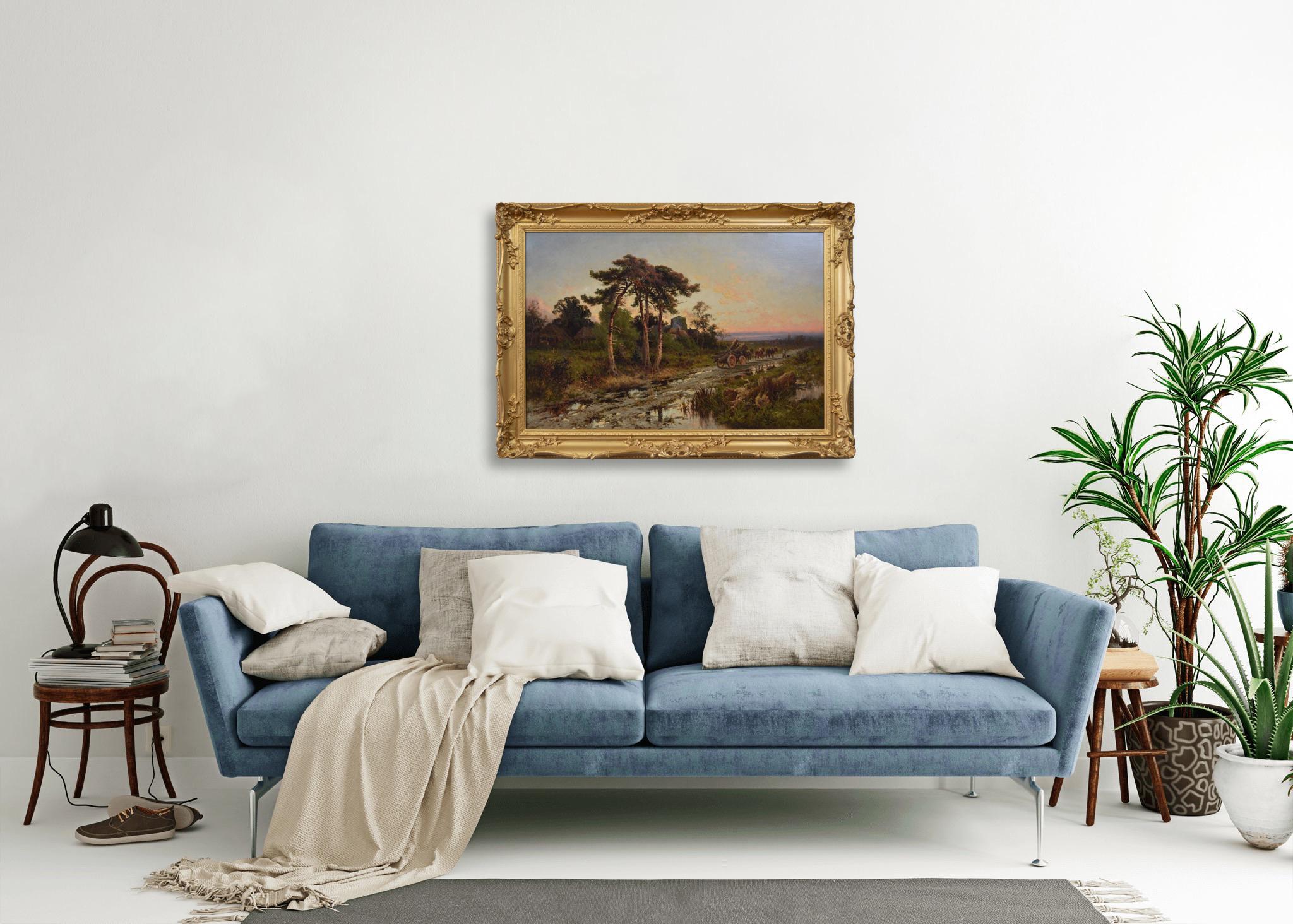Peinture à l'huile de paysage du 19e siècle représentant un chariot de grumier sur un chemin de campagne en vente 2