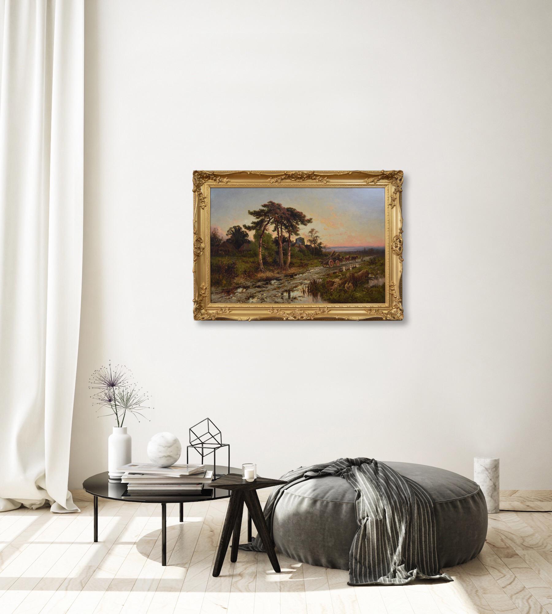 Peinture à l'huile de paysage du 19e siècle représentant un chariot de grumier sur un chemin de campagne en vente 3