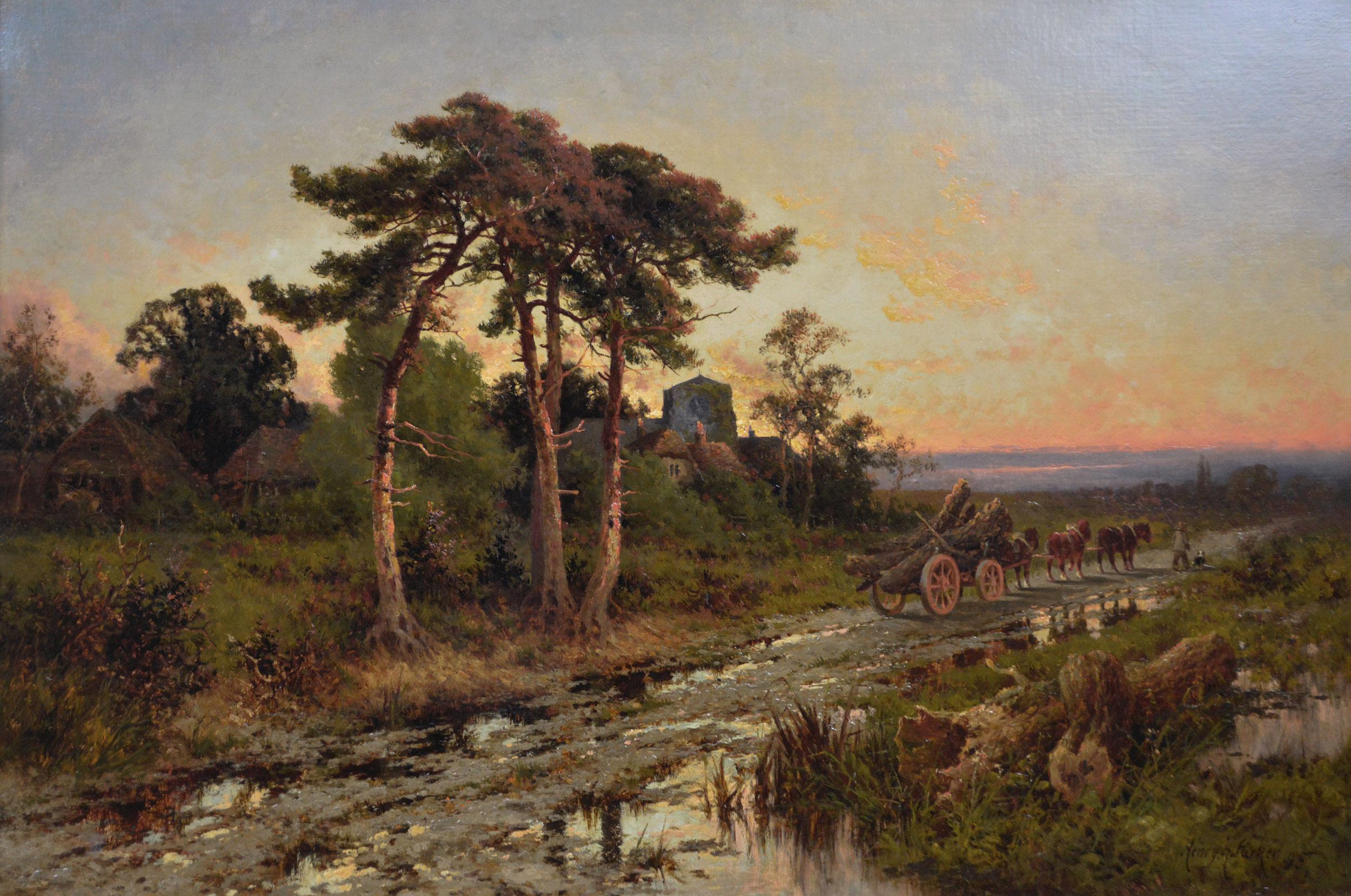 19th Century landscape oil painting of a logging cart on a country track - Painting by Henry H. Parker