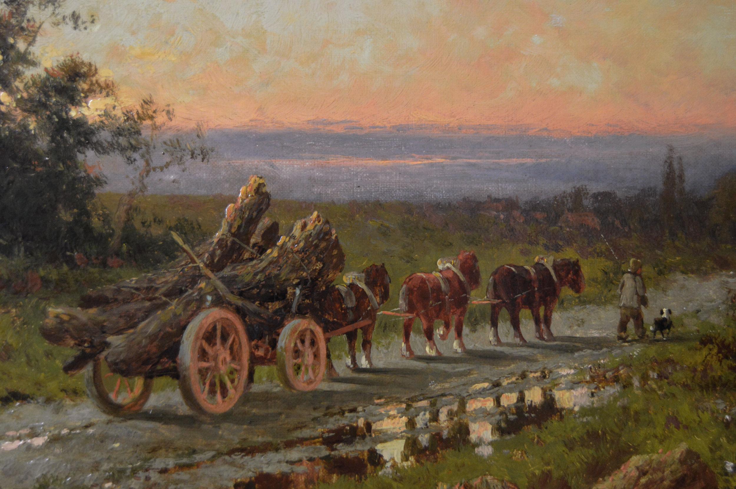 Landschaftsgemälde eines Holzfällerwagens auf einem Landweg aus dem 19. Jahrhundert (Braun), Animal Painting, von Henry H. Parker