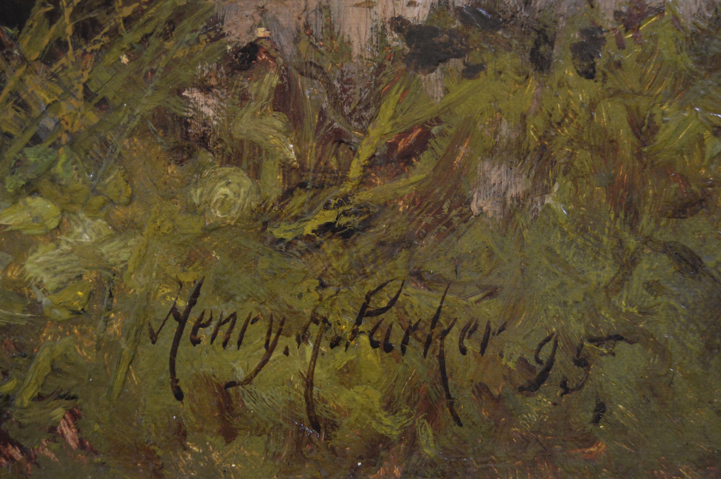 Peinture à l'huile de paysage du 19e siècle représentant un chariot de grumier sur un chemin de campagne - Marron Animal Painting par Henry H. Parker