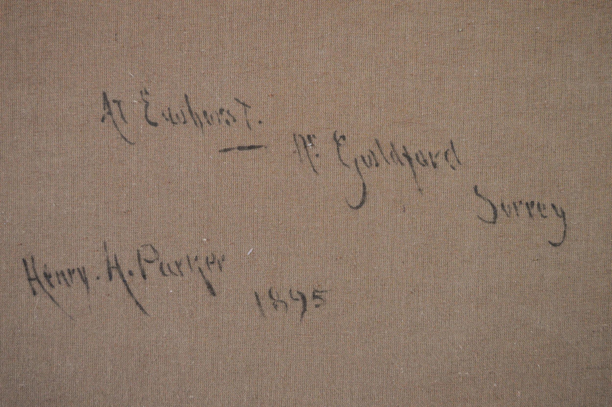 Henry HENRY 
Britannique, (1858-1930)
A Ewhurst près de Guildford, Surrey
Huile sur toile, signée et datée (18)95, transcrite au verso
Taille de l'image : 23.25 pouces x 35.25 pouces 
Dimensions, y compris le cadre : 30,25 pouces x 42,25 pouces

Une